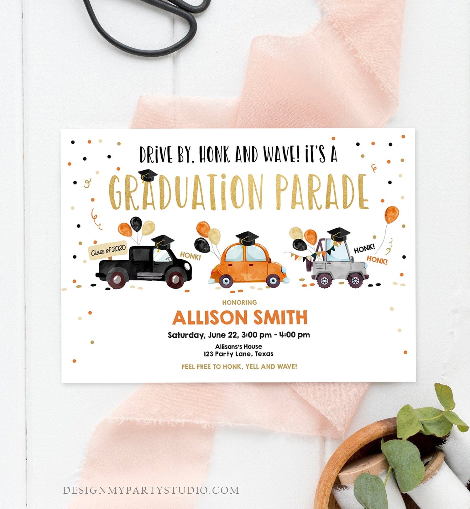 Editable Drive By Graduation Parade Invitation Drive Through Party Orange Gold Quarantine Graduate 2021 High School Grad Download Corjl 0337