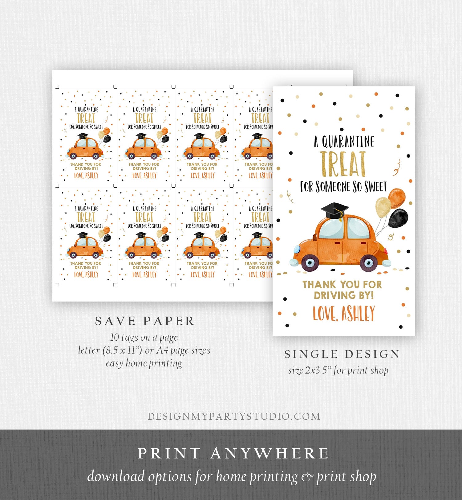 Editable Drive By Favor Tag Drive Through Graduation Parade Thank You Gift Tags Quarantine Orange Car High School Grad Graduate Corjl 0337