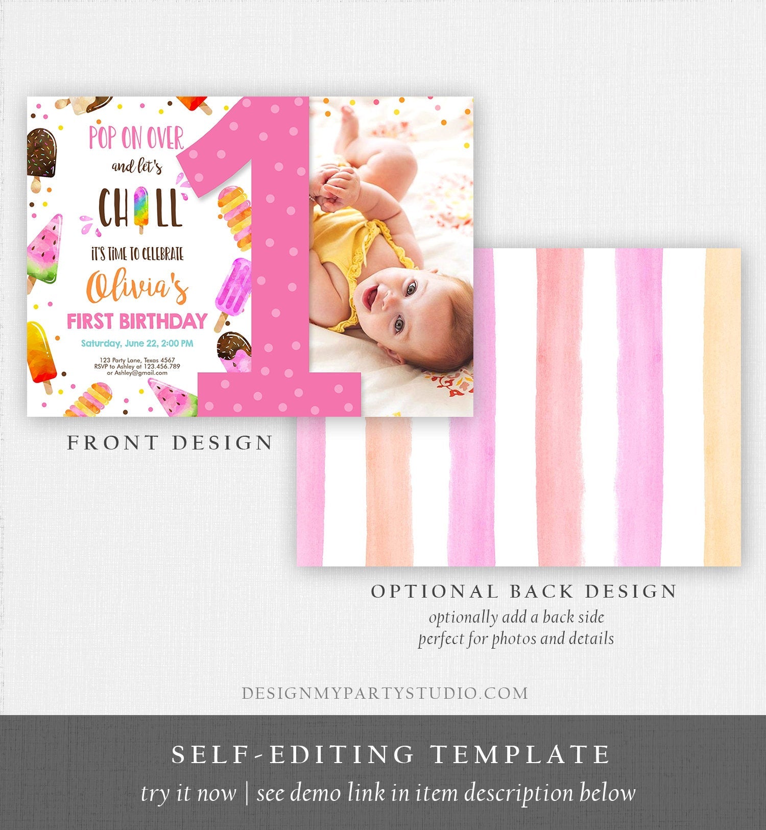 Editable Popsicle First Birthday Invitation Pink Girl Birthday Summer Pool Party Popsicle Party Swim Download Printable Template Corjl 0143