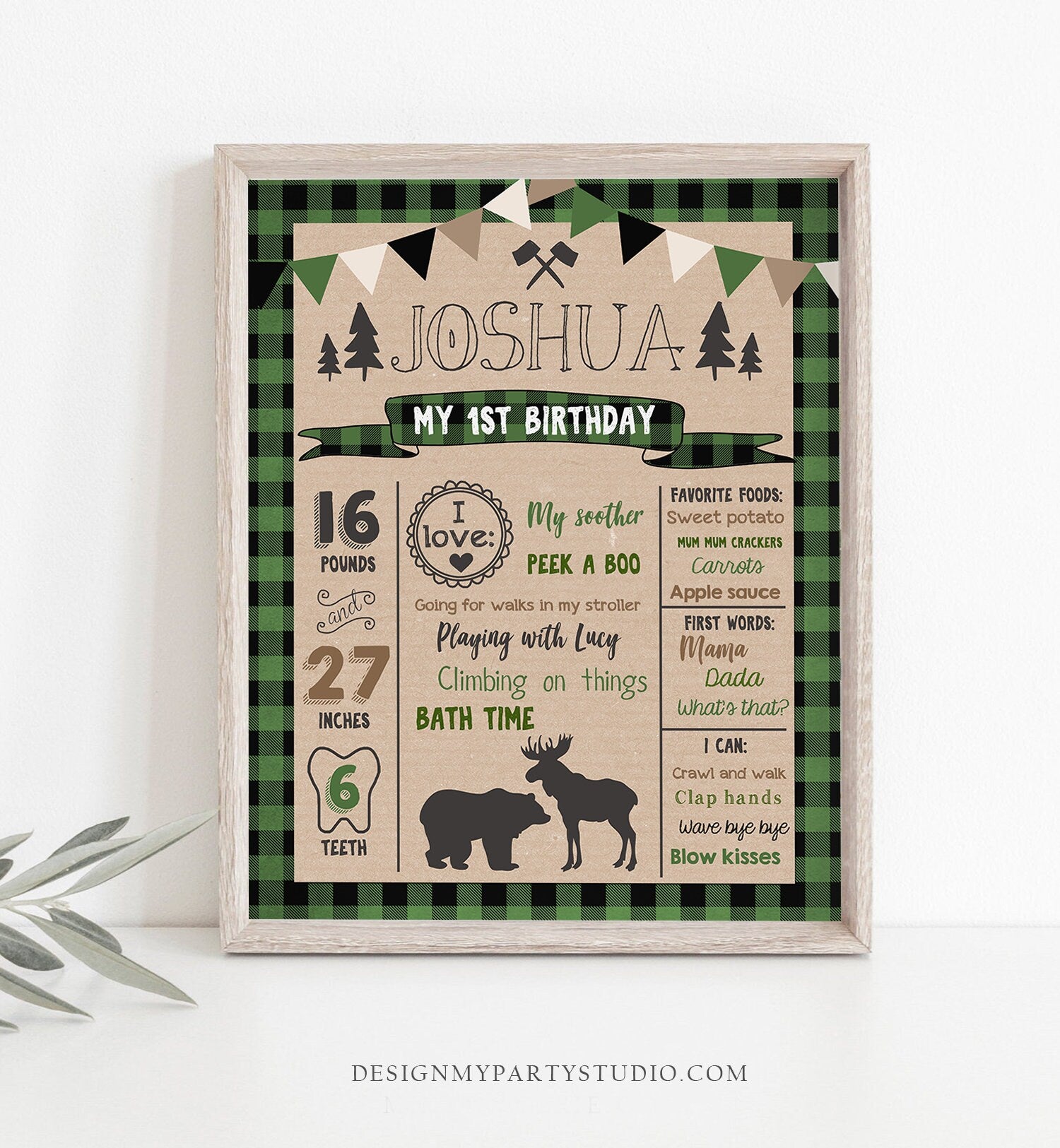 Editable Lumberjack Birthday Milestones Sign Poster Boy First Birthday 1st Green Black Plaid Hunter Green Woodland Bear Corjl Template 0026