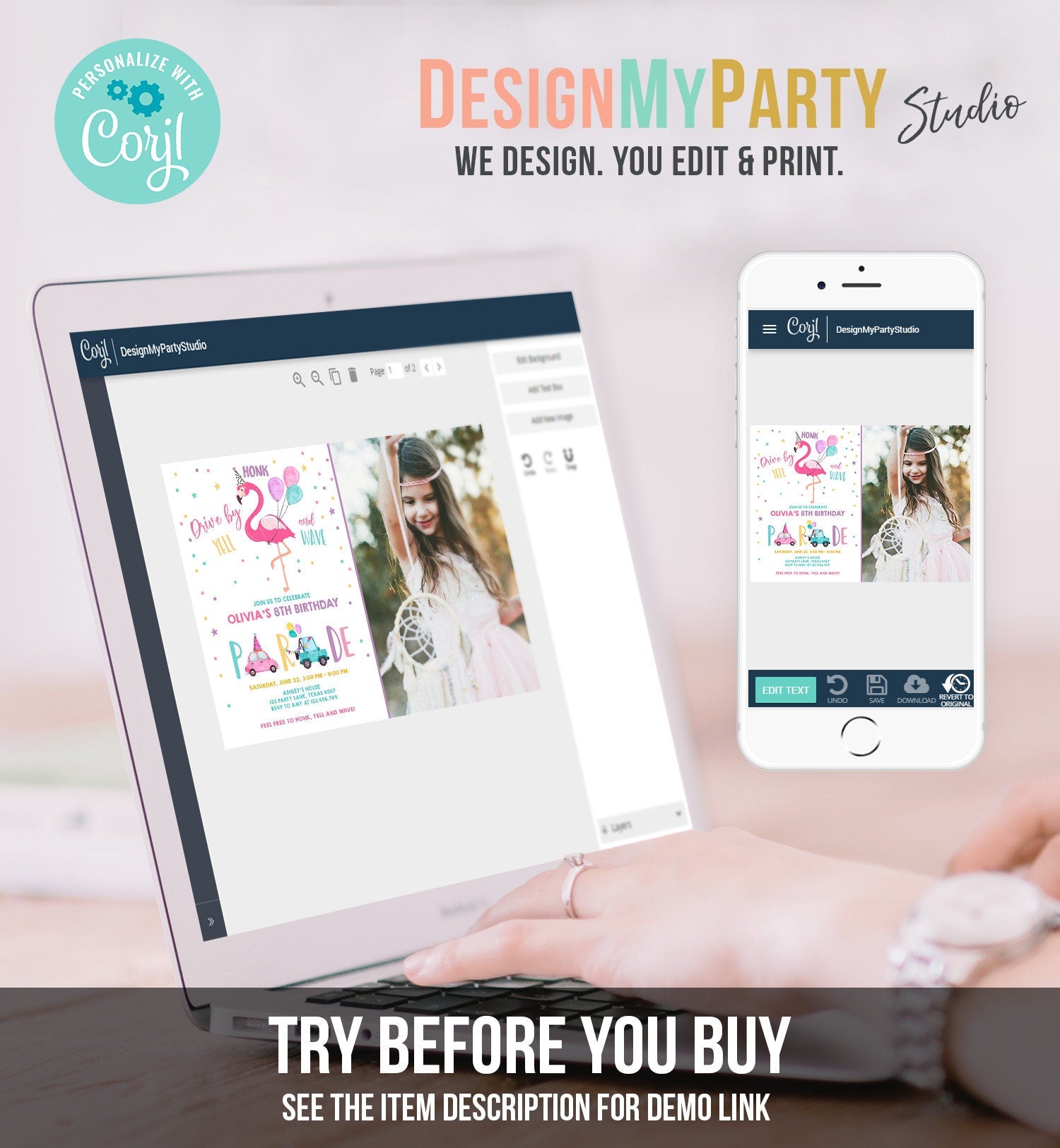 Editable Flamingo Drive By Birthday Parade Invitation Virtual Party Invite Honk Wave Car Girl Pink Quarantine Download Digital Corjl 0200