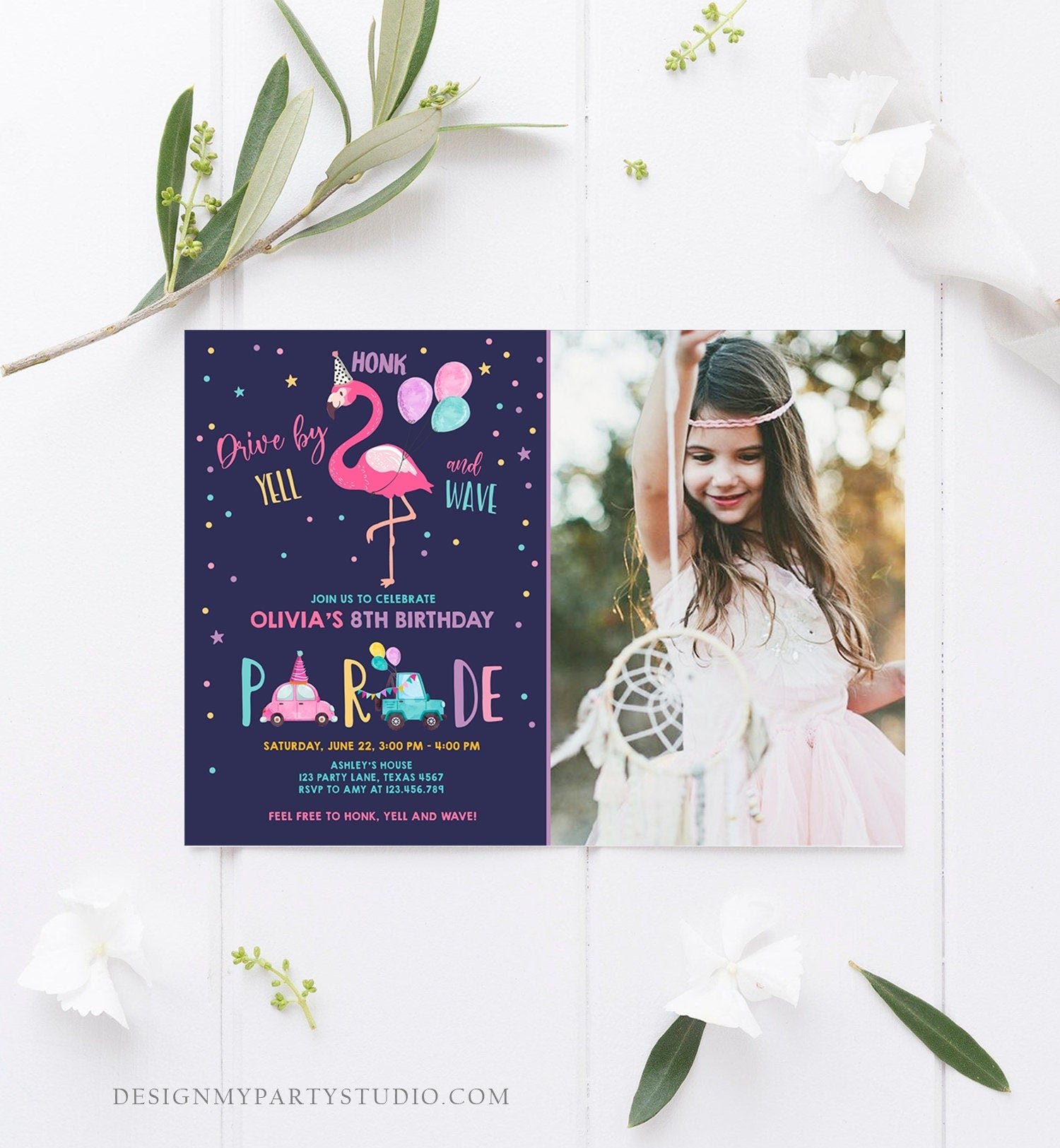 Editable Flamingo Drive By Birthday Parade Invitation Virtual Party Invite Honk Wave Car Girl Pink Quarantine Download Digital Corjl 0200