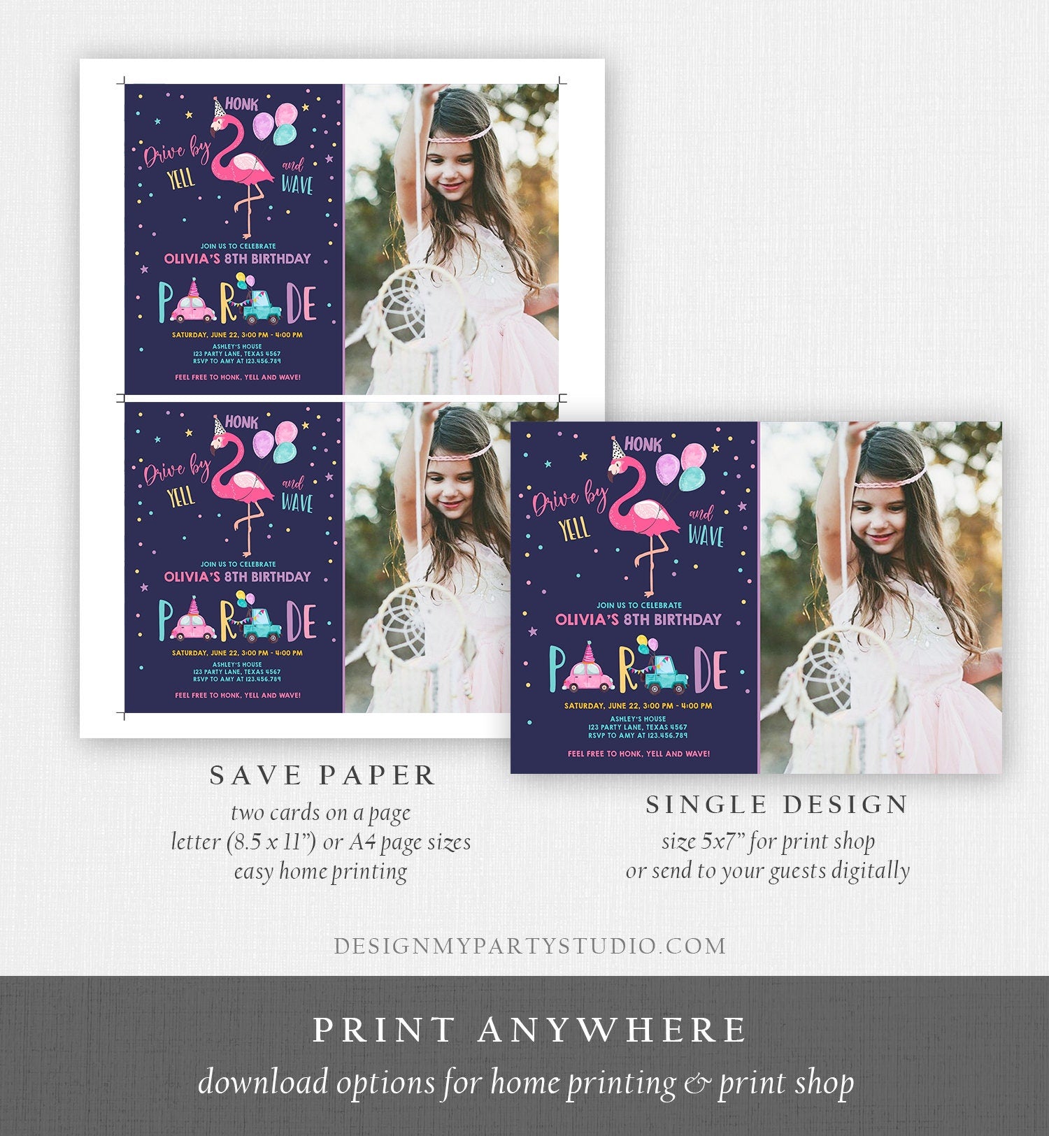 Editable Flamingo Drive By Birthday Parade Invitation Virtual Party Invite Honk Wave Car Girl Pink Quarantine Download Digital Corjl 0200