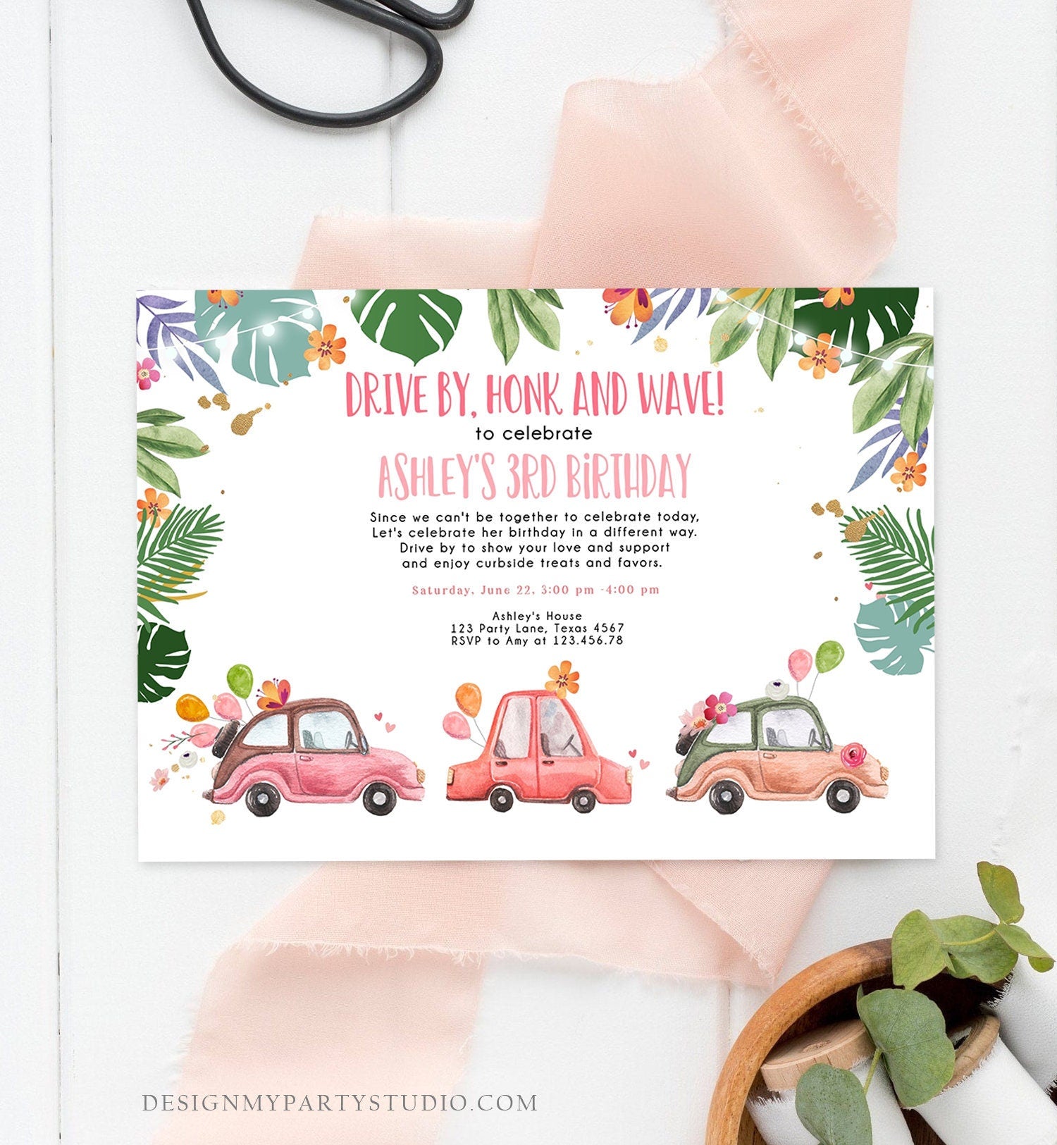 Editable Drive By Birthday Parade Invitation Tropical Virtual Party Invite Honk Wave Car Girl Quarantine Instant Download Digital Corjl 0335
