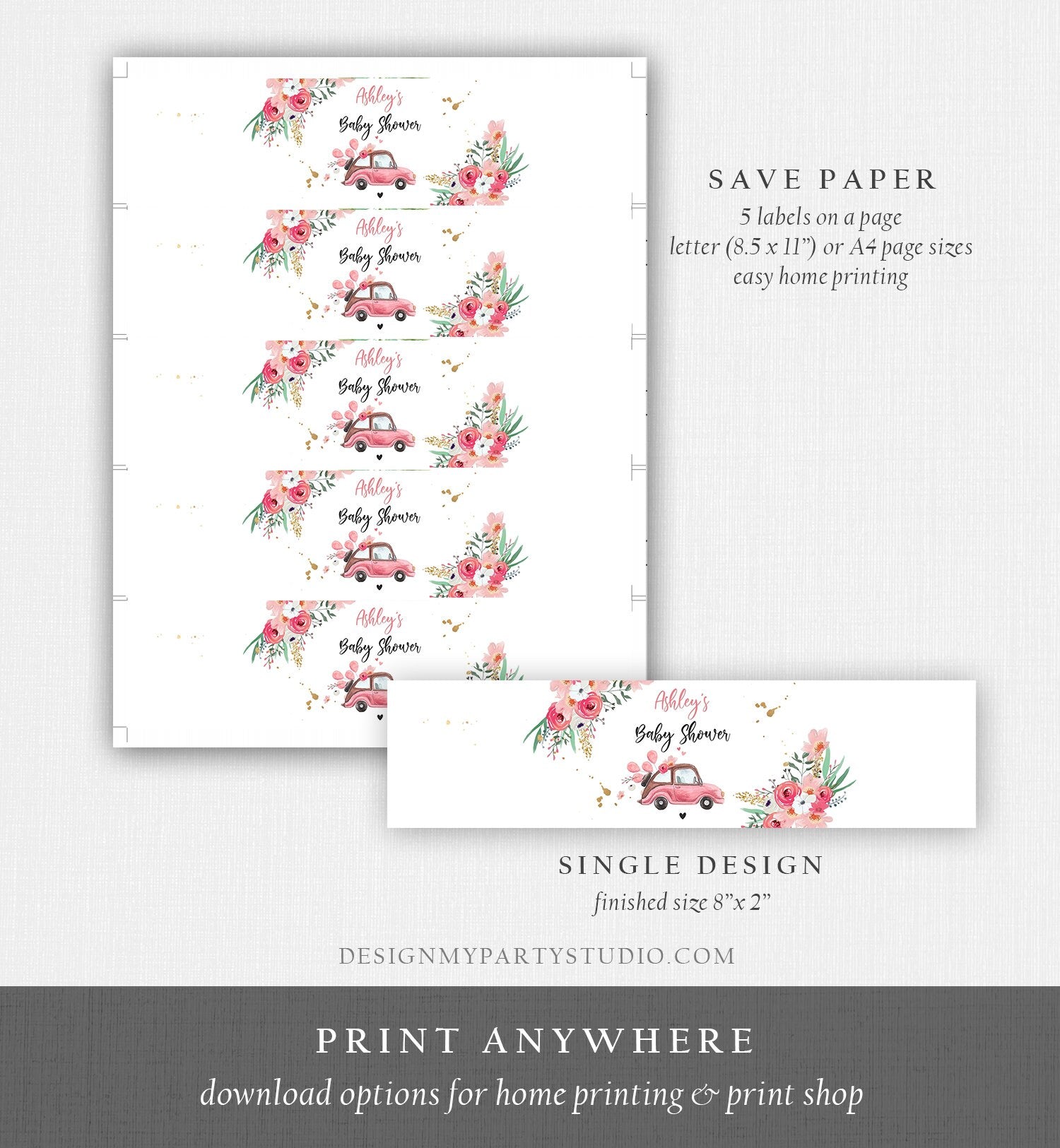 Editable Water Bottle Labels Drive By Baby Shower Decor Blush Pink Gold Floral Flowers Quarantine Printable Bottle Label Template Corjl 0335