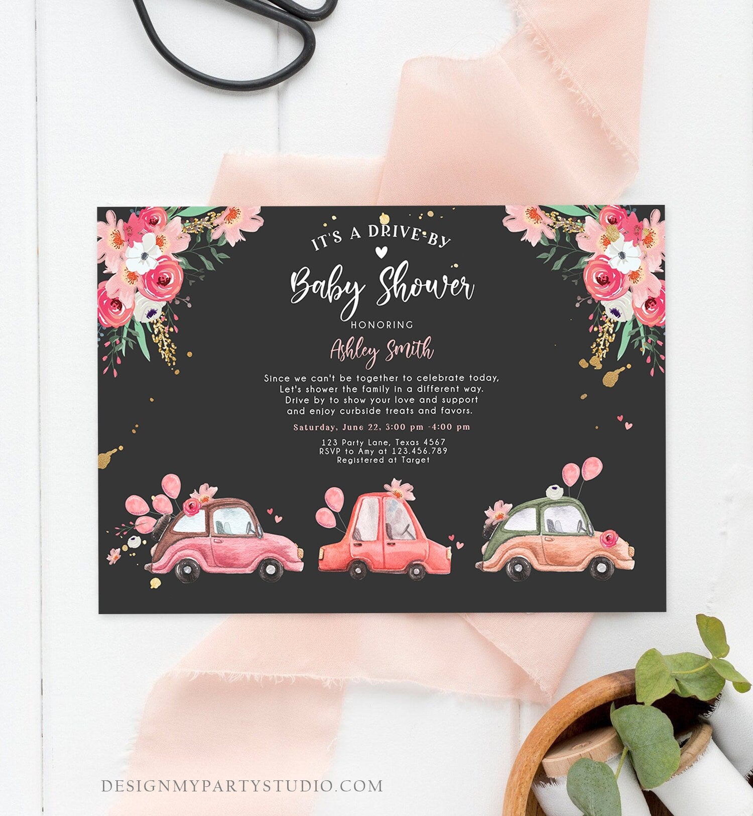 Editable Drive By Baby Shower Invitation Pink Girl Baby Shower Invite Quarantine Drive Through Floral Sprinkle Template Download Corjl 0335
