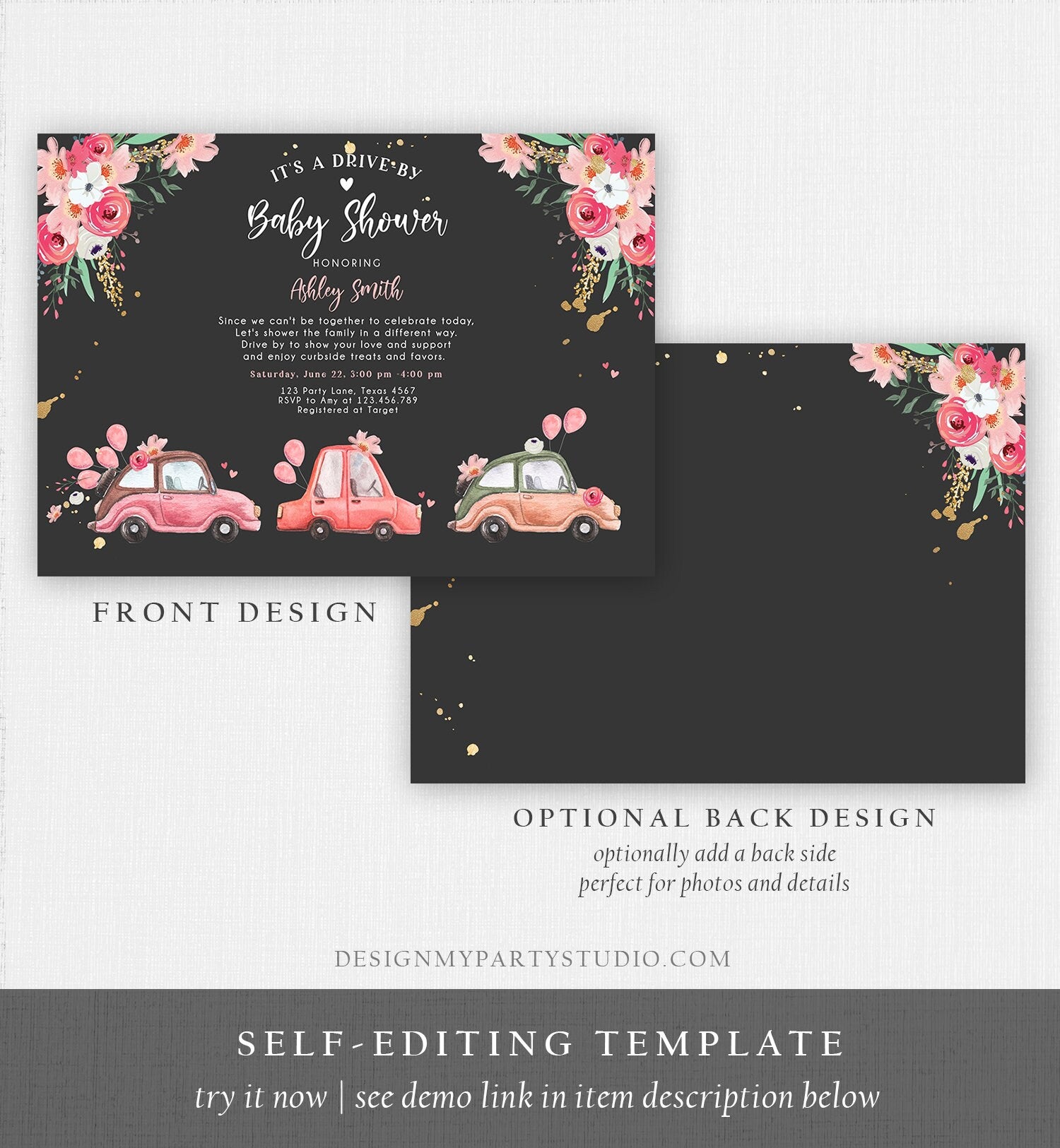 Editable Drive By Baby Shower Invitation Pink Girl Baby Shower Invite Quarantine Drive Through Floral Sprinkle Template Download Corjl 0335