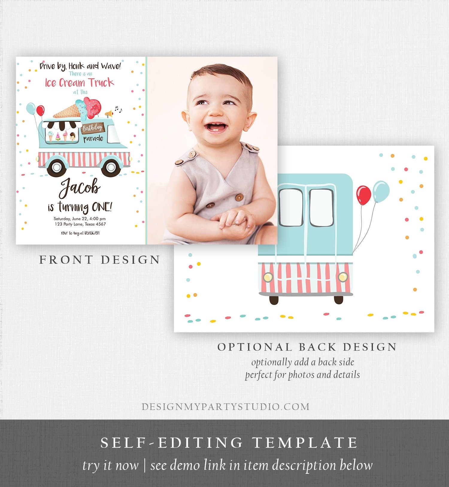 Editable Ice Cream Truck Birthday Invitation Birthday Parade Drive By Birthday Invite Quarantine Party Scoop Printable Template Corjl 0243