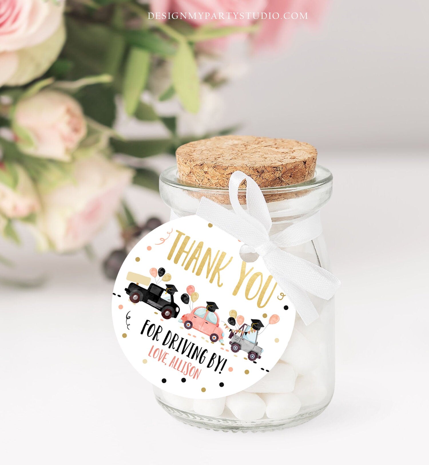 Editable Drive By Favor Tag Drive Through Graduation Parade Thank You Gift Tags Quarantine Gold Coral Pink High School Graduate Corjl 0337
