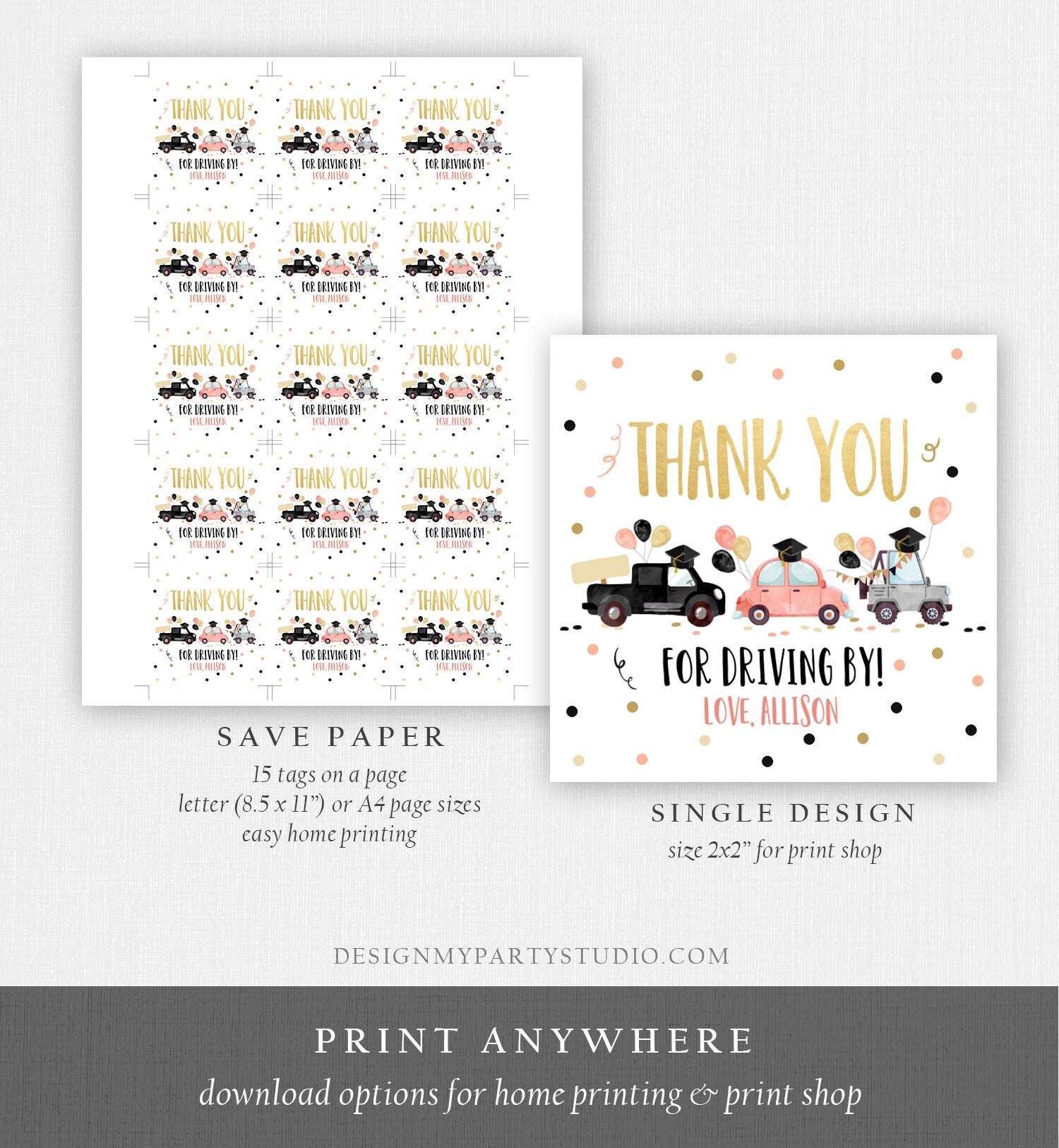 Editable Drive By Favor Tag Drive Through Graduation Parade Thank You Gift Tags Quarantine Gold Coral Pink High School Graduate Corjl 0337