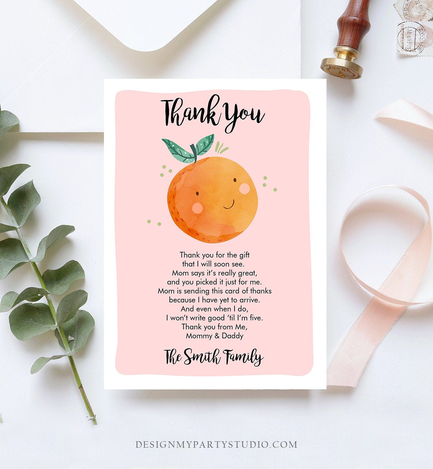 Editable A Little Cutie Thank You Card Baby Shower Clementine Orange Thank You Coed Shower Girl Pink Download Printable Corjl Template 0330