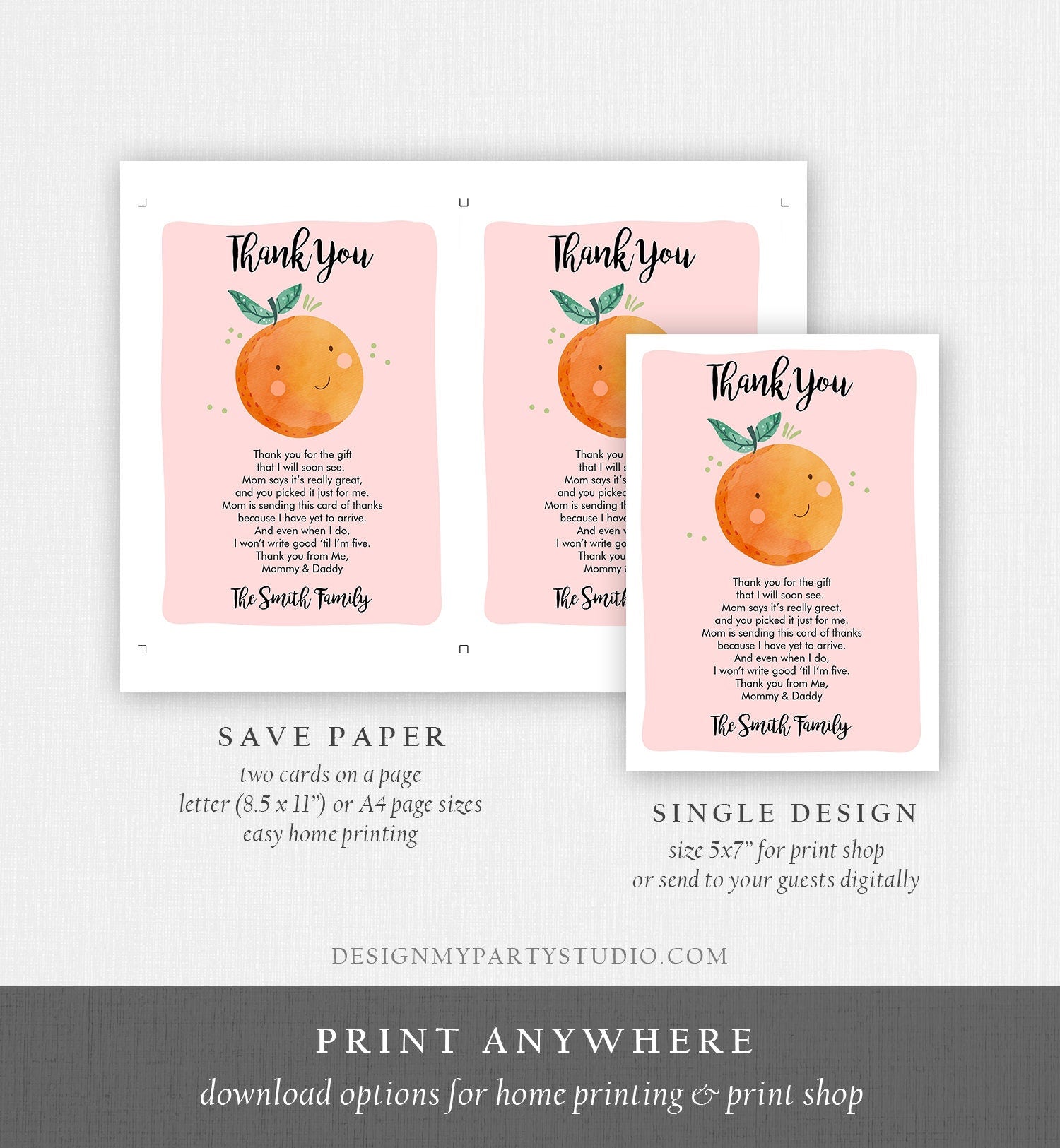 Editable A Little Cutie Thank You Card Baby Shower Clementine Orange Thank You Coed Shower Girl Pink Download Printable Corjl Template 0330