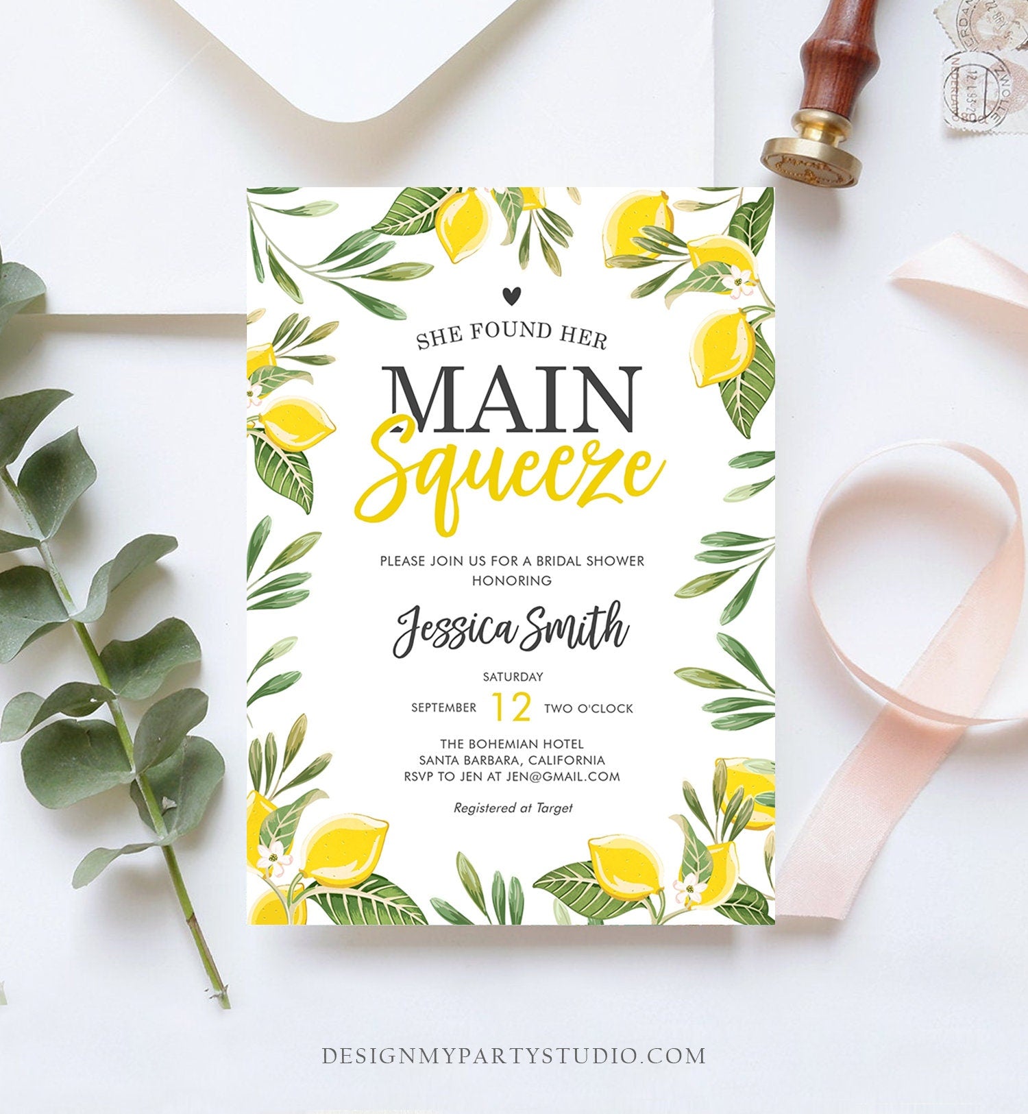 Editable Main Squeeze Bridal Shower Invitation She Found Her Lemon Citrus Rustic Wedding Greenery Lemonade Corjl Template Printable 0220