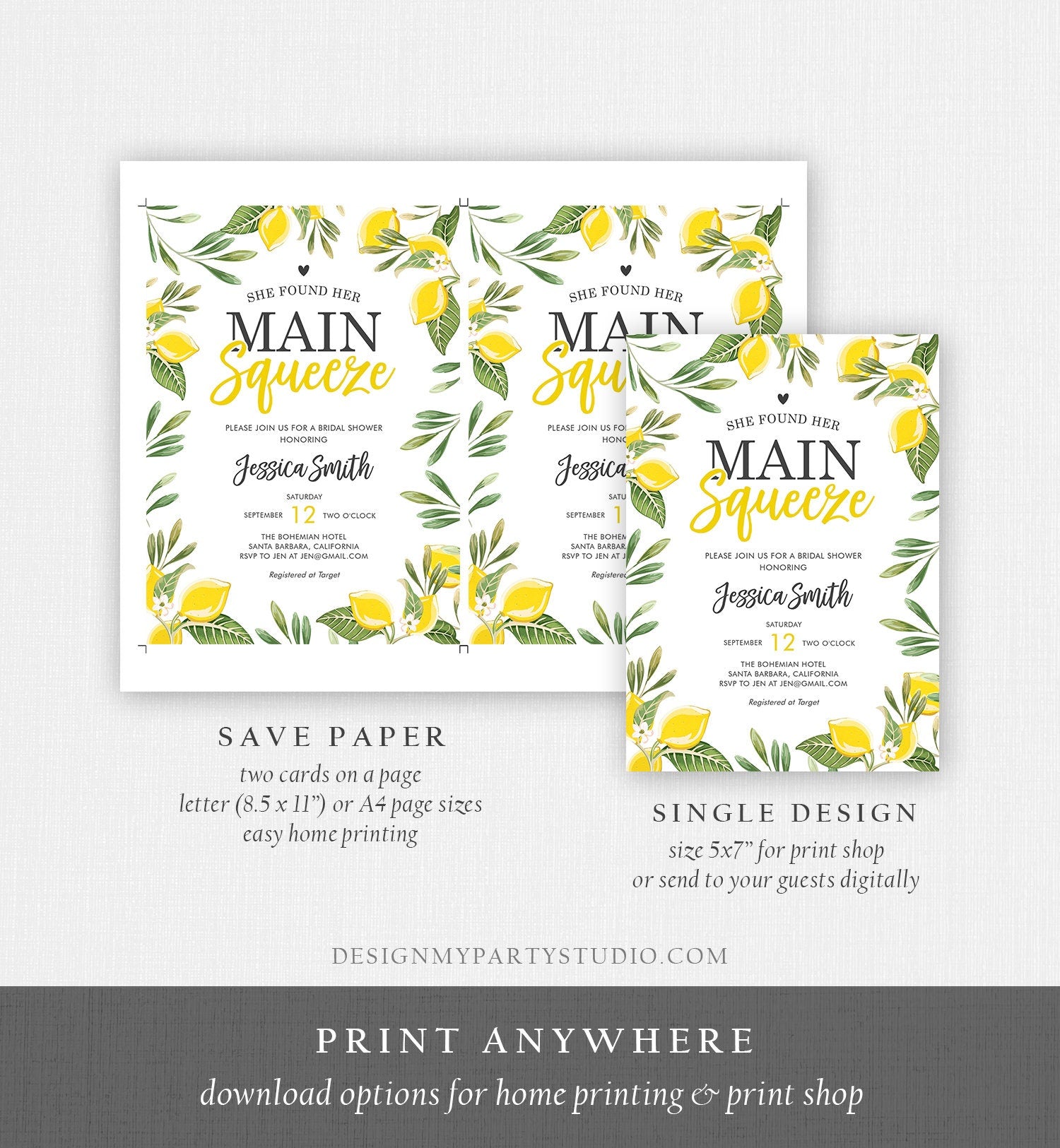 Editable Main Squeeze Bridal Shower Invitation She Found Her Lemon Citrus Rustic Wedding Greenery Lemonade Corjl Template Printable 0220