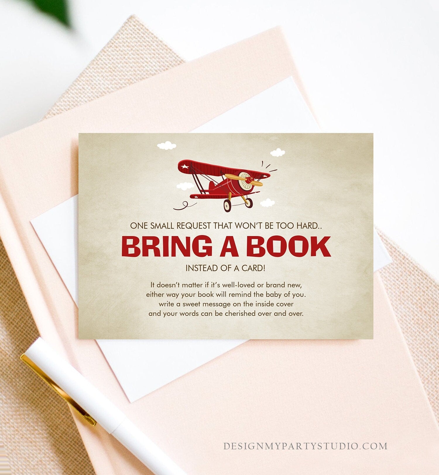 Editable Airplane Bring a Book Card Baby Shower Sprinkle Book Insert Books for Baby Book Request Vintage Red Plane Corjl Template 0011
