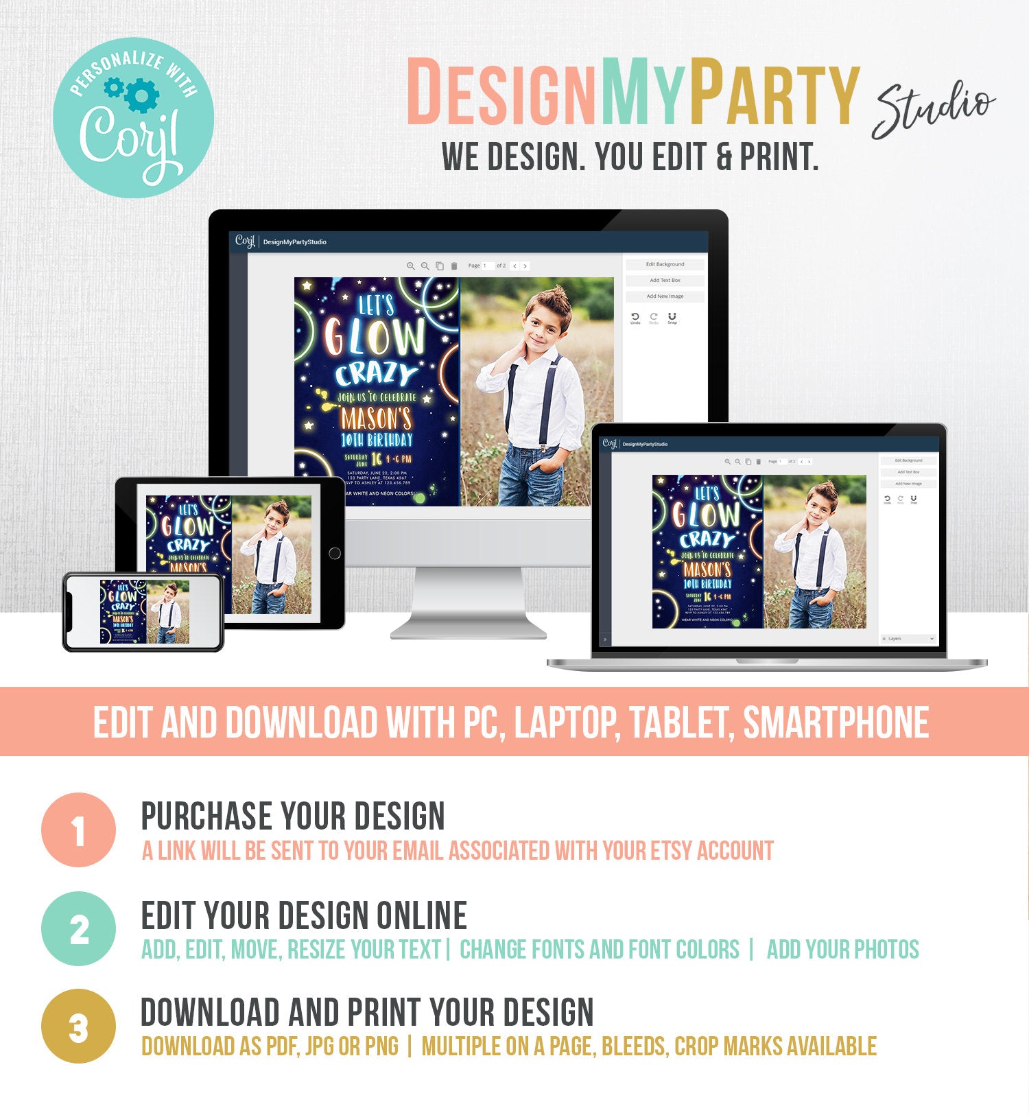 Editable Let's Glow Crazy Birthday Invitation Glow Party Neon Glow In The Dark Party Boy Teen Blue Download Printable Template Corjl 0172