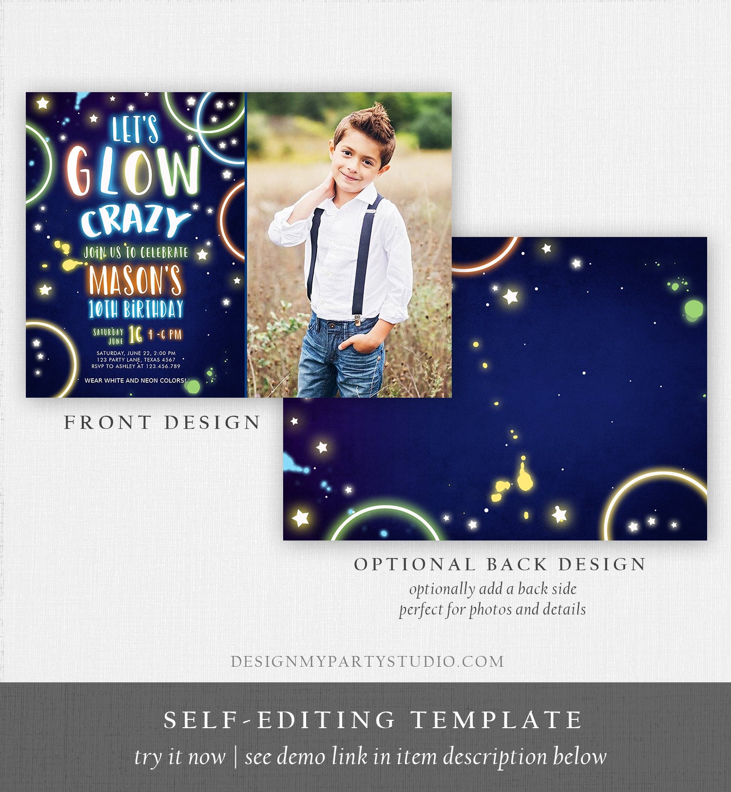 Editable Let's Glow Crazy Birthday Invitation Glow Party Neon Glow In The Dark Party Boy Teen Blue Download Printable Template Corjl 0172