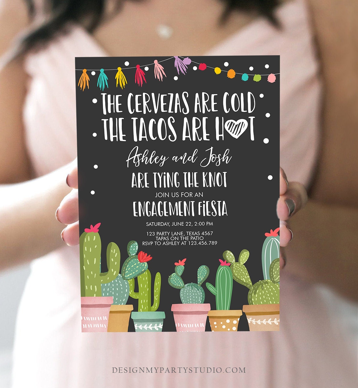 Editable Fiesta Engagement Invitation Bridal Shower Couples Shower Cactus Cervezas Cold Tacos Hot Tying Knot Printable Corjl Template 0254