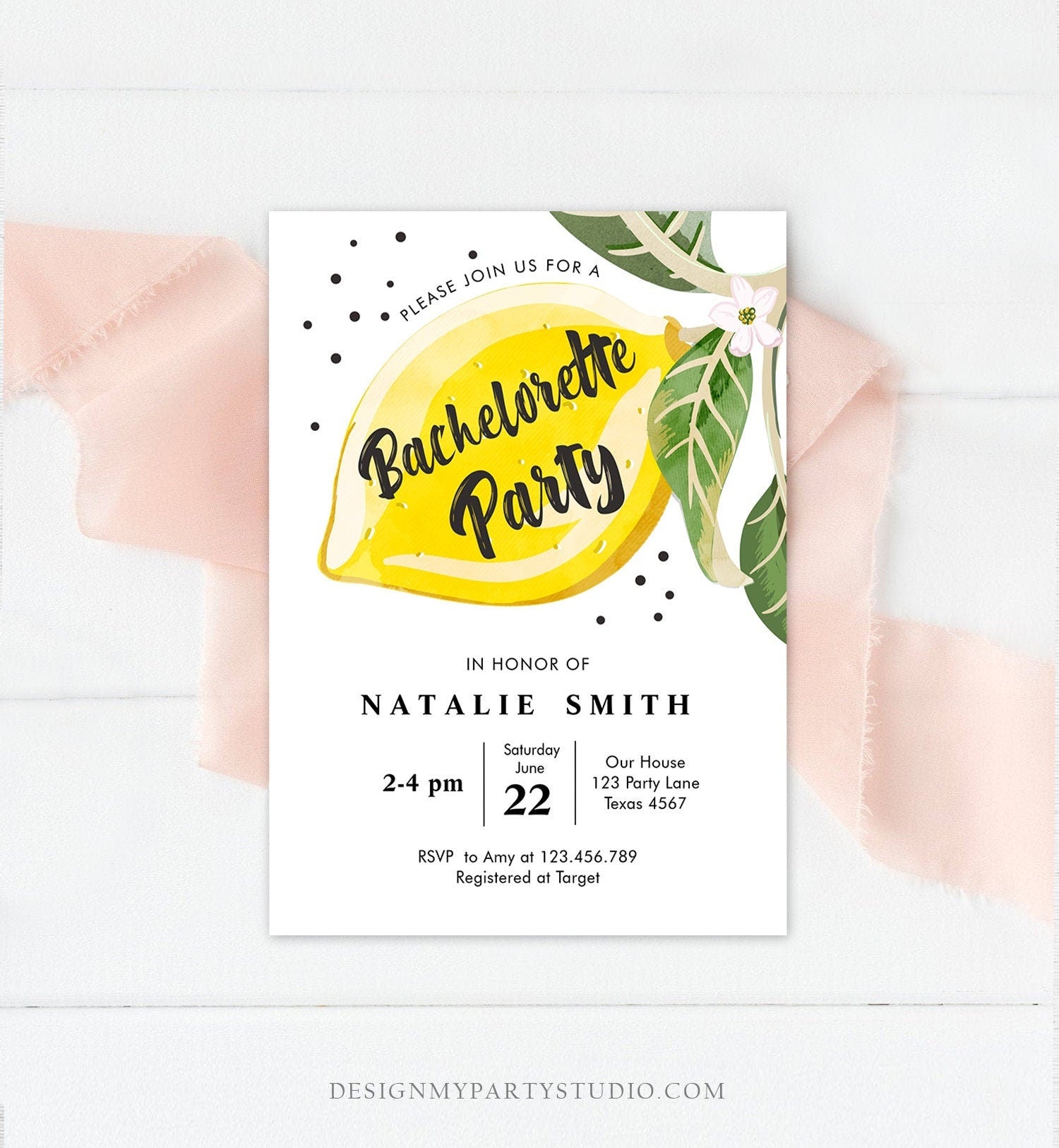Editable Lemon Bachelorette Party Invitation Bohemian Citrus Rustic Greenery Summer Shower Lemonade Download Corjl Template Printable 0307