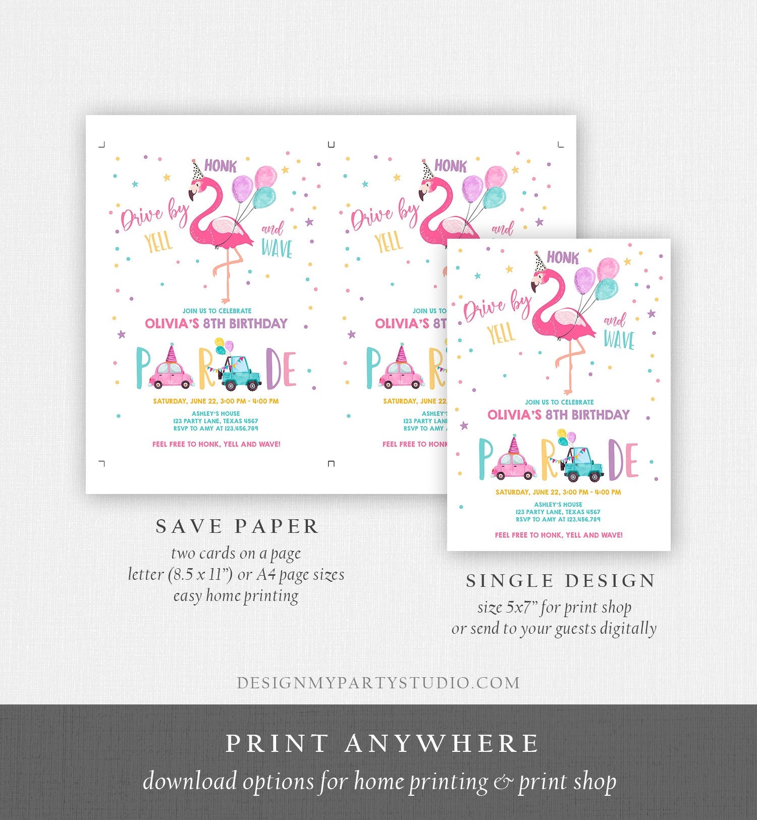 Editable Flamingo Drive By Birthday Parade Invitation Virtual Party Invite Honk Wave Car Girl Pink Quarantine Download Digital Corjl 0200