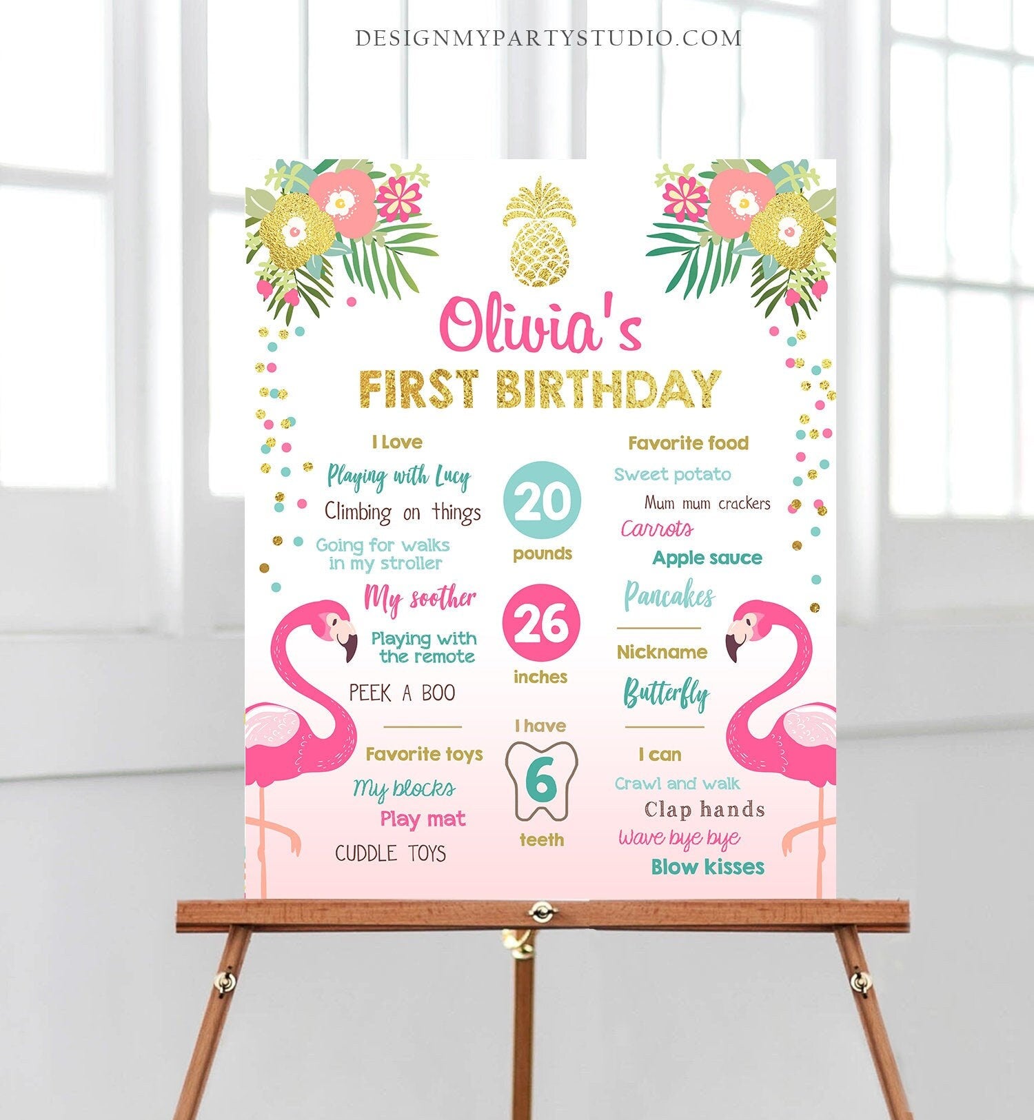 Editable Flamingo Aloha Birthday Milestones Sign Summer First Birthday 1st Birthday Girl Pink Gold Tropical Party Corjl Template 0200