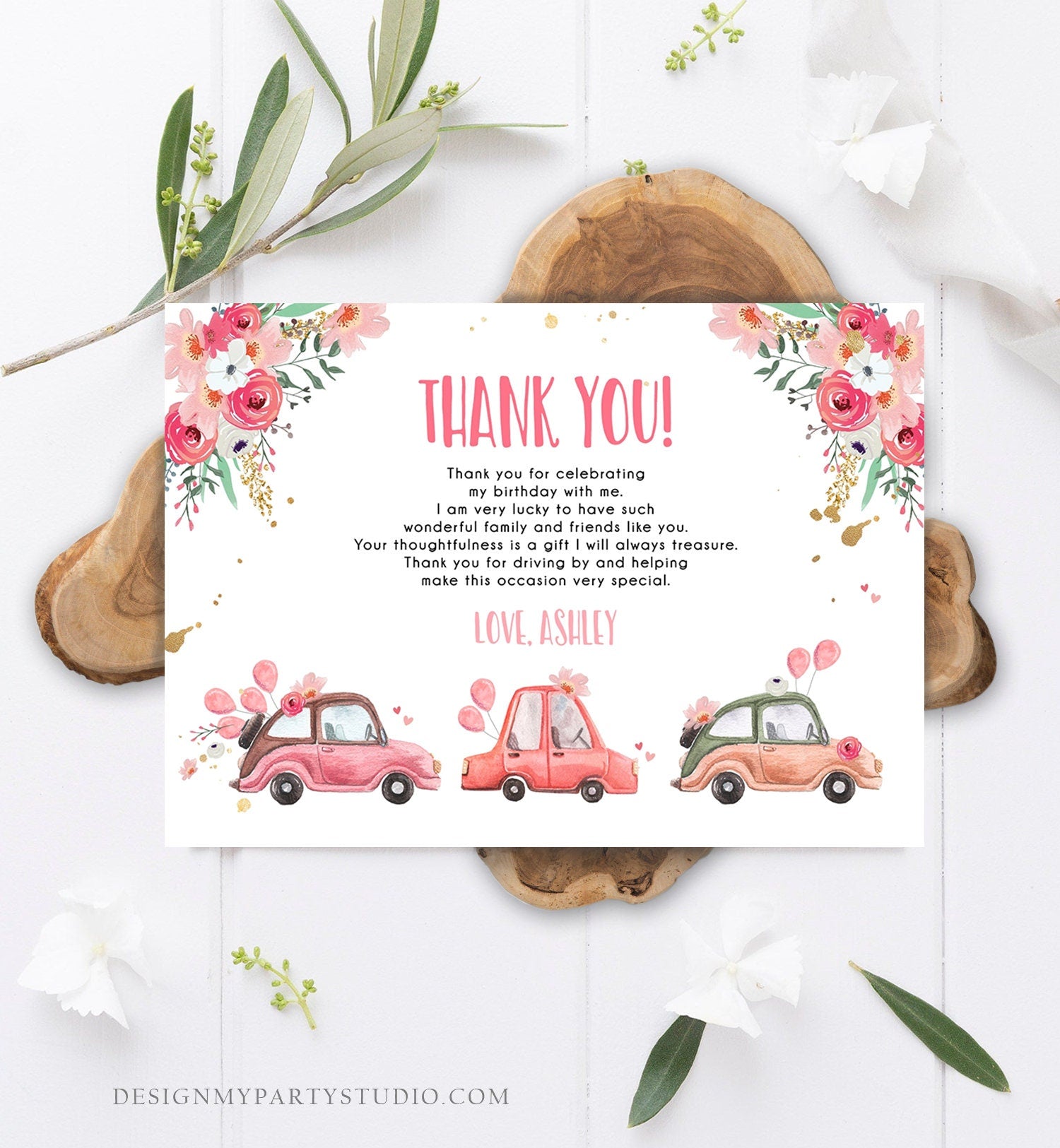 Editable Drive By Birthday Parade Thank You Card Virtual Party Tropical Woman Car Girl Pink Quarantine Instant Download Digital Corjl 0335