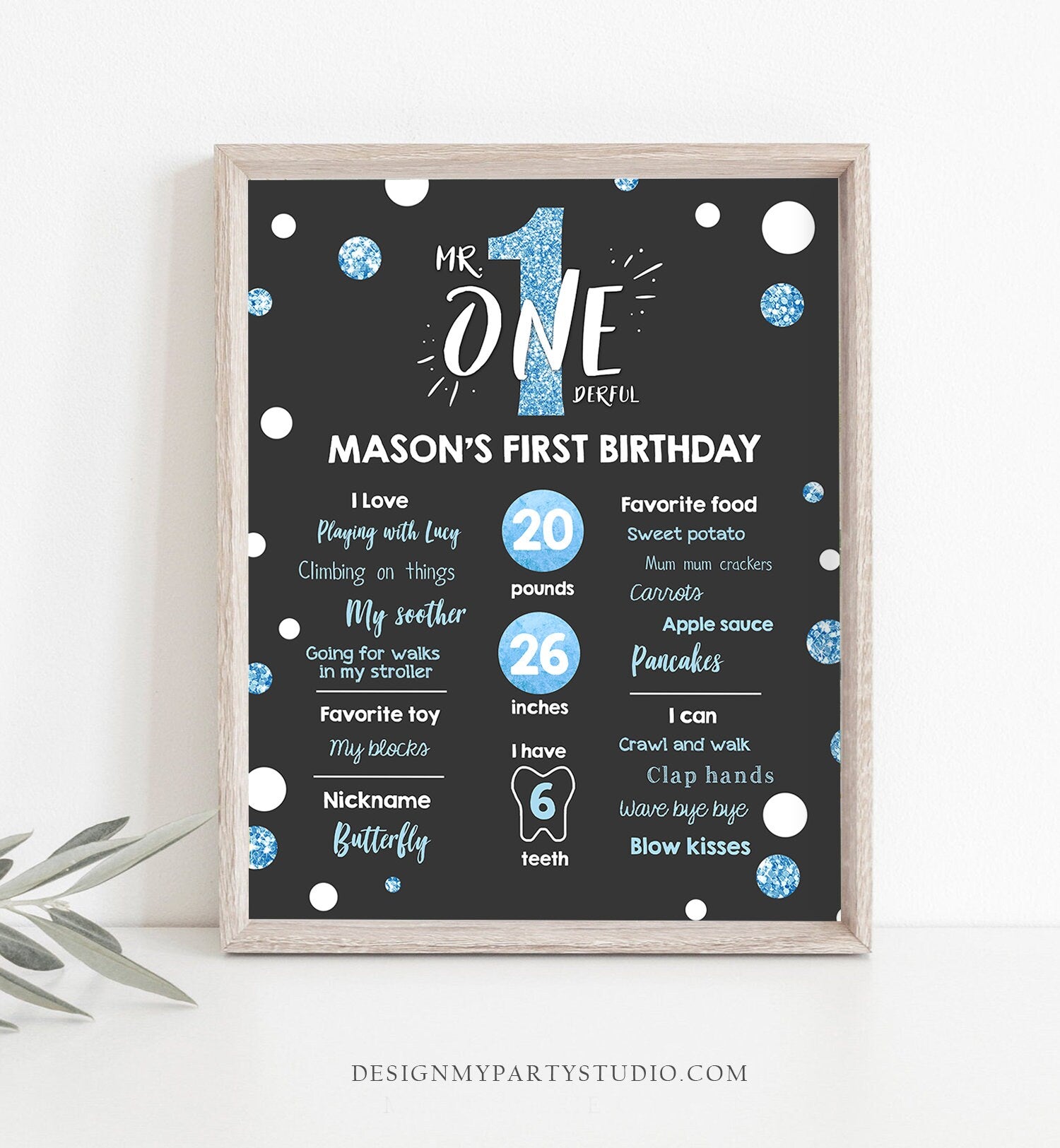 Editable Mr Onederful Birthday Milestones Sign Black Blue Chalk Boy First Birthday Confetti 1st Party Download Corjl Template Printable 0072