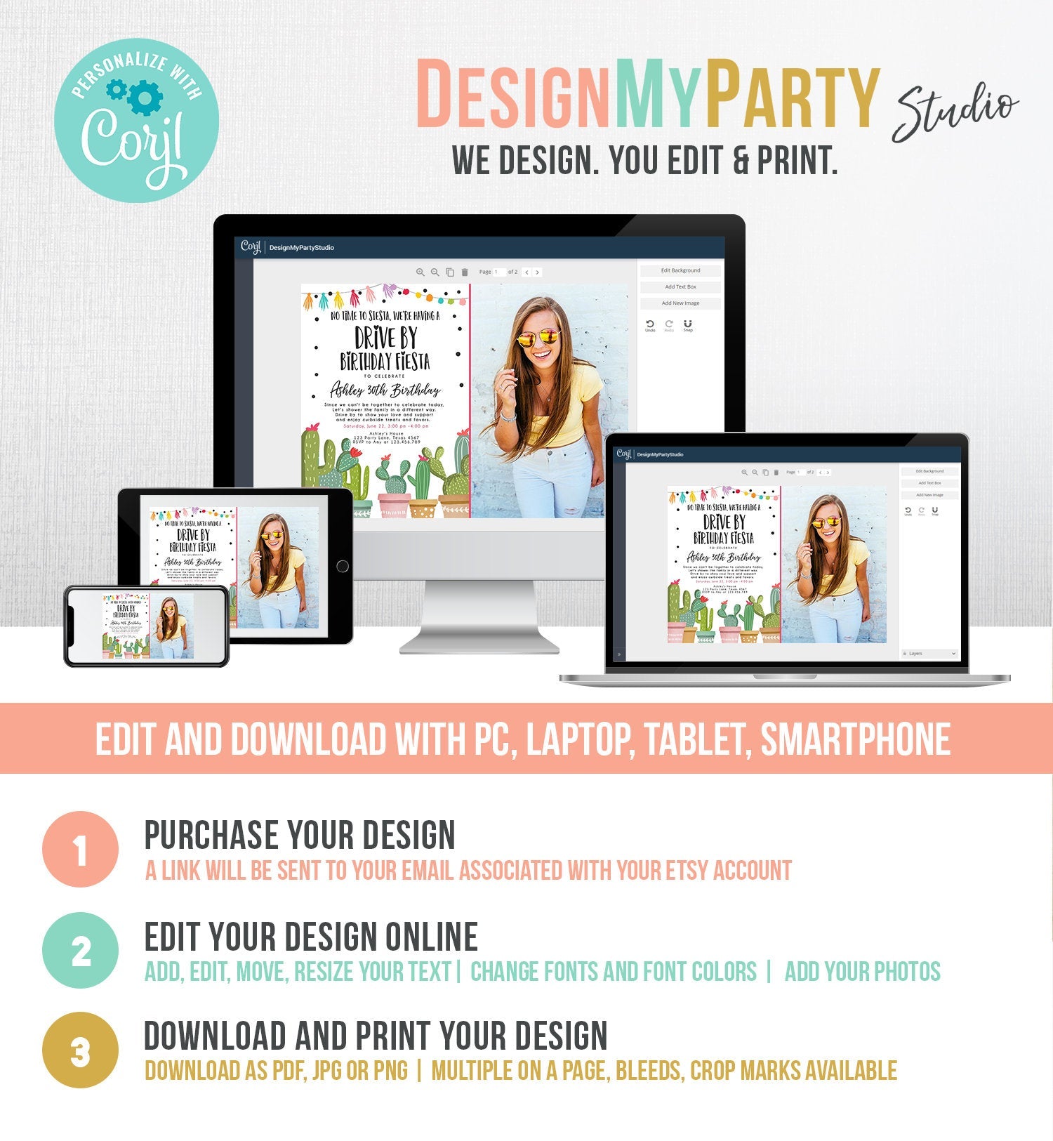 Editable Drive By Birthday Fiesta Invitation Cactus No Time to Siesta Party 30th 40th 50th Drive Through Quarantine Corjl Template 0254