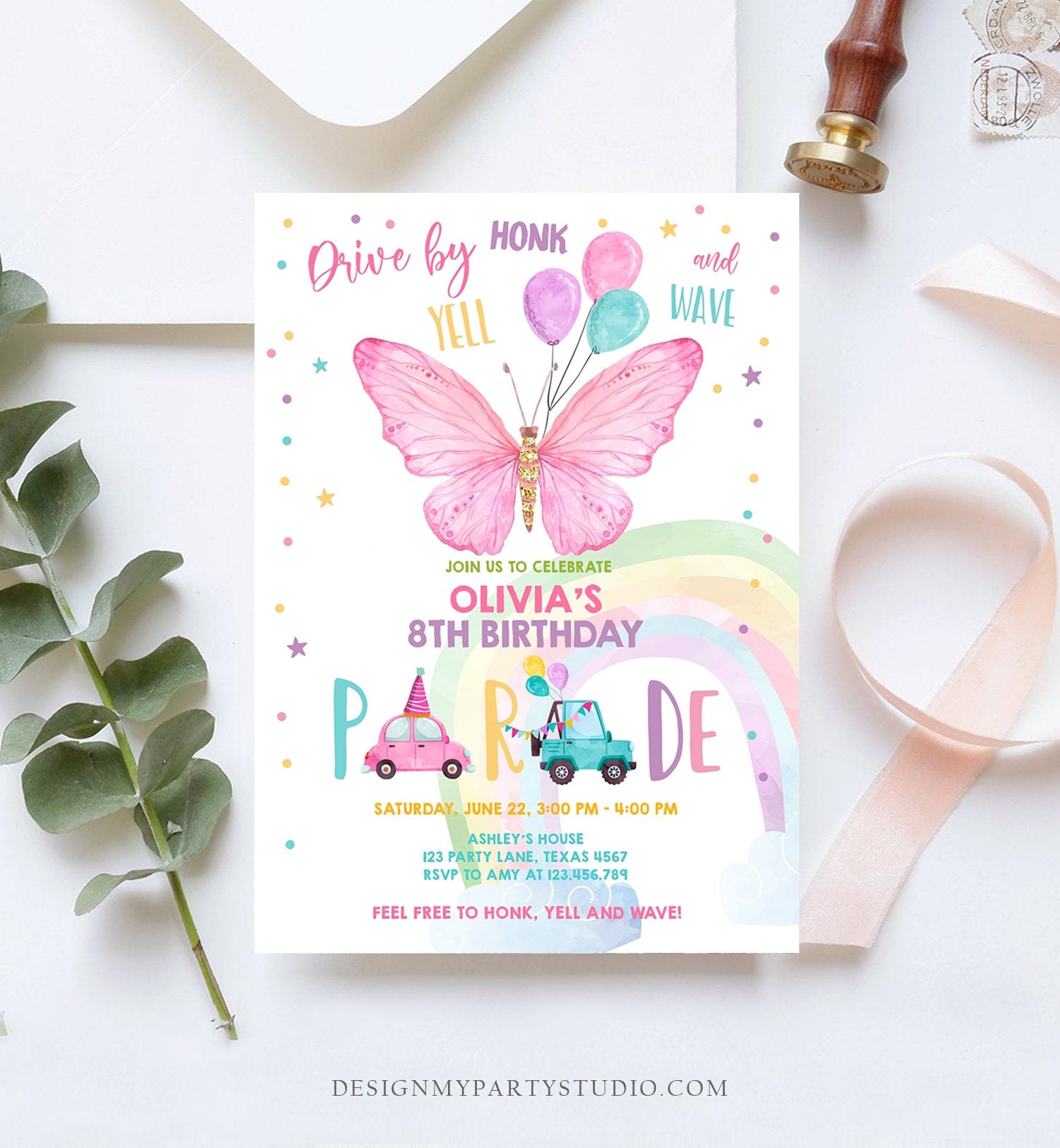 Editable Butterfly Drive By Birthday Parade Invitation Virtual Party Invite Honk Wave Car Girl Pink Quarantine Download Digital Corjl 0162