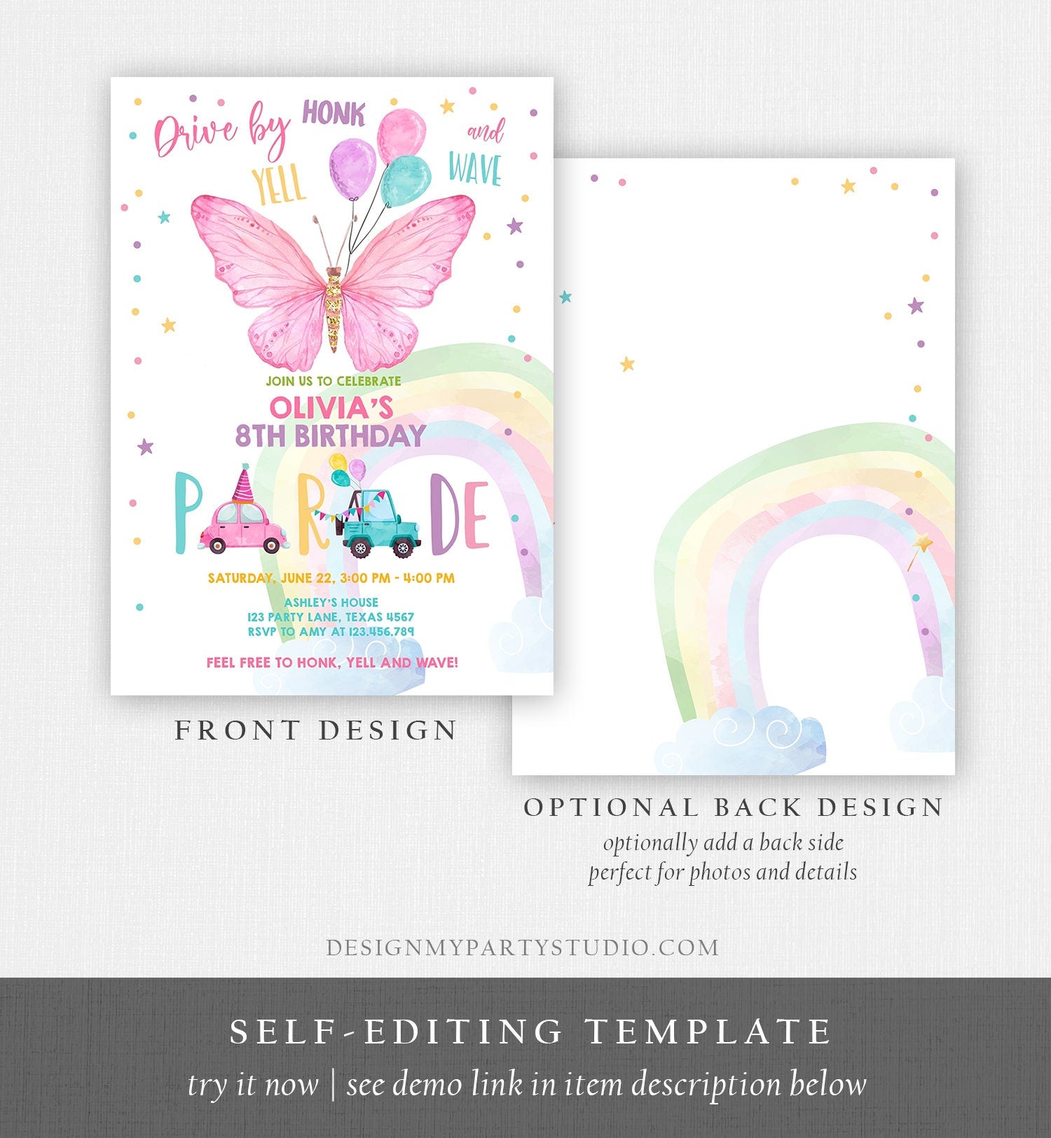 Editable Butterfly Drive By Birthday Parade Invitation Virtual Party Invite Honk Wave Car Girl Pink Quarantine Download Digital Corjl 0162