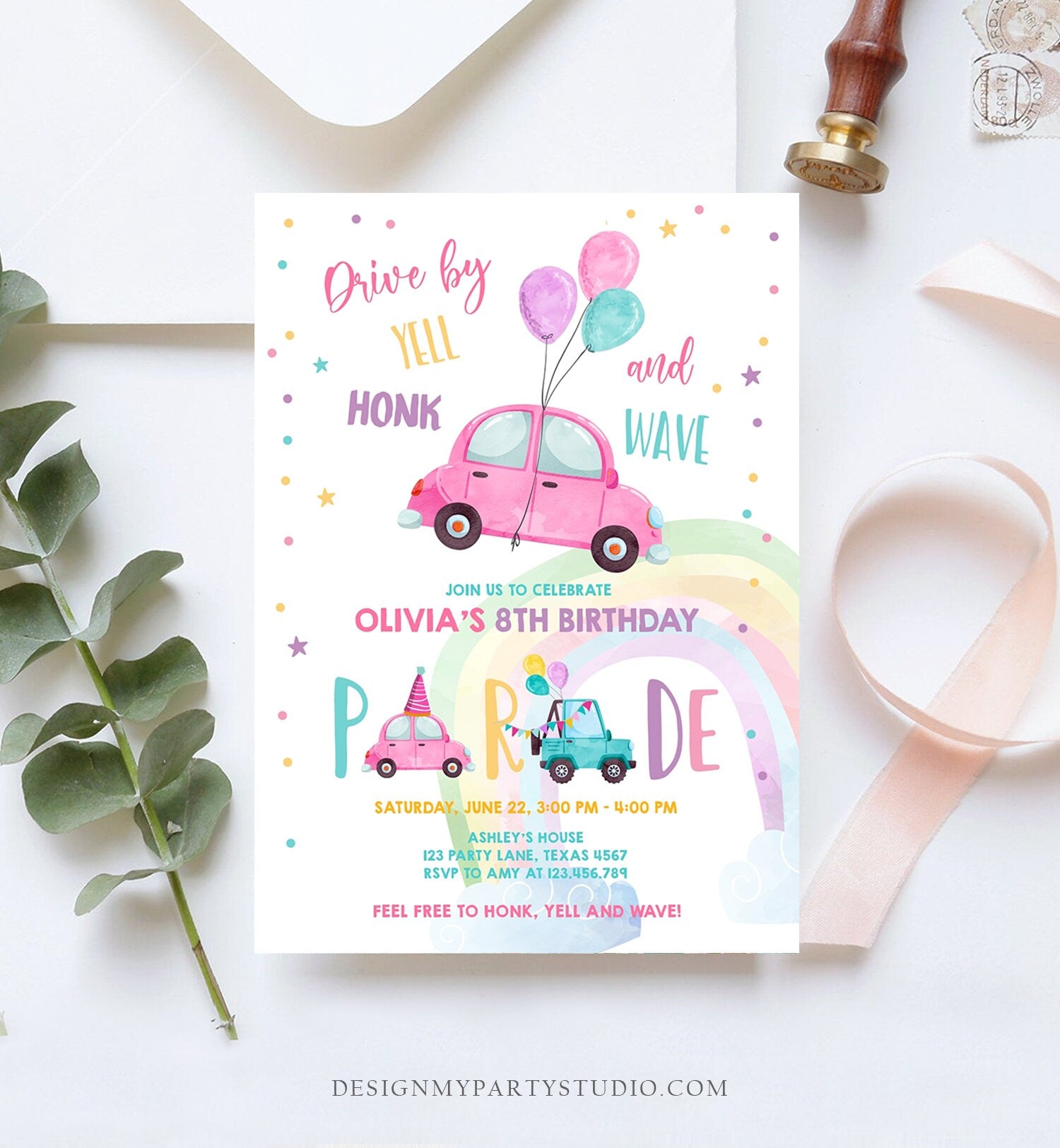Editable Drive By Birthday Parade Invitation Balloons Rainbow Party Honk Wave Car Girl Pink Drive Through Download Corjl Template 0333