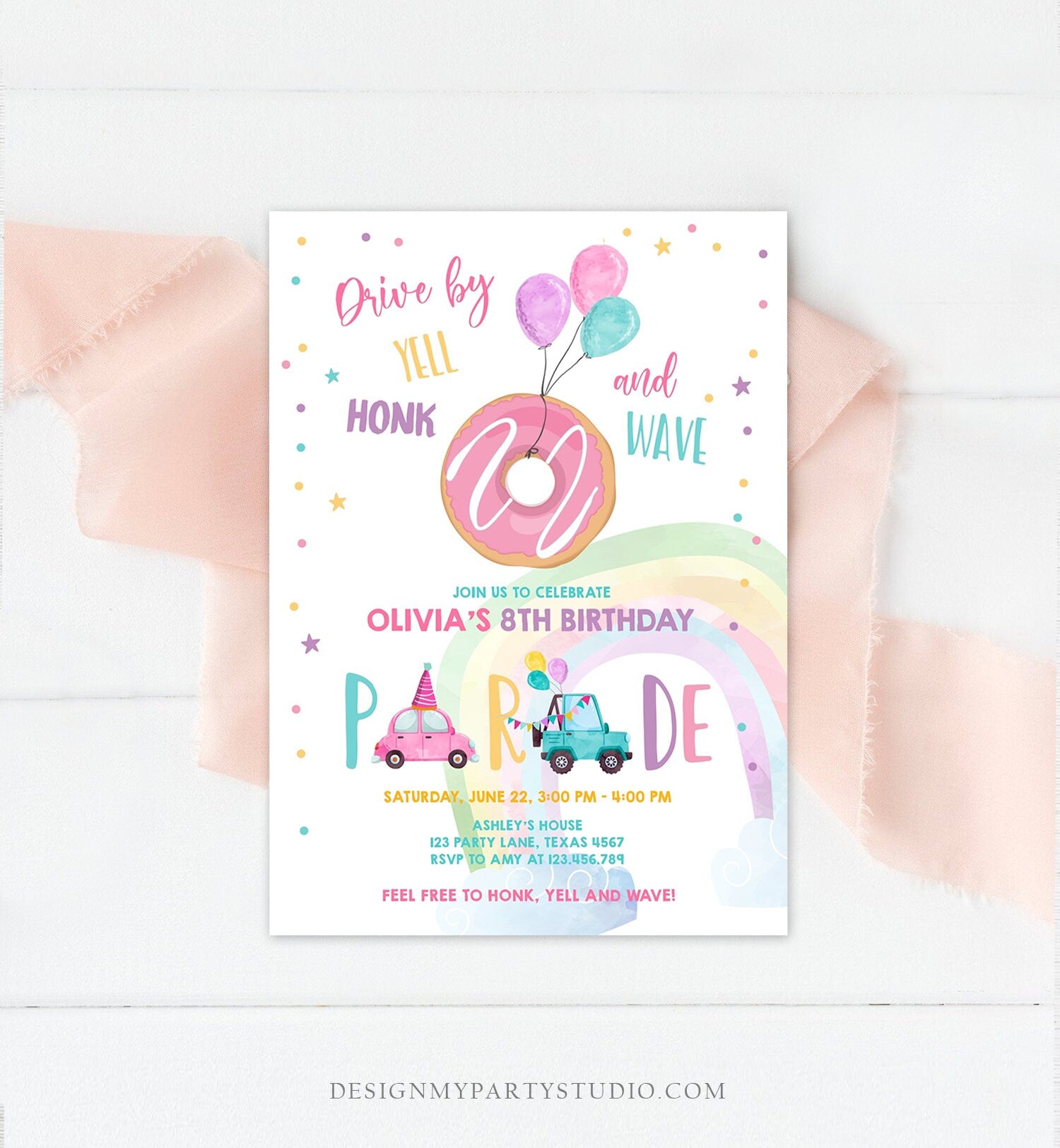 Editable Drive By Donut Birthday Parade Invitation Balloons Rainbow Party Honk Wave Car Girl Pink Drive Through Download Corjl Template 0343