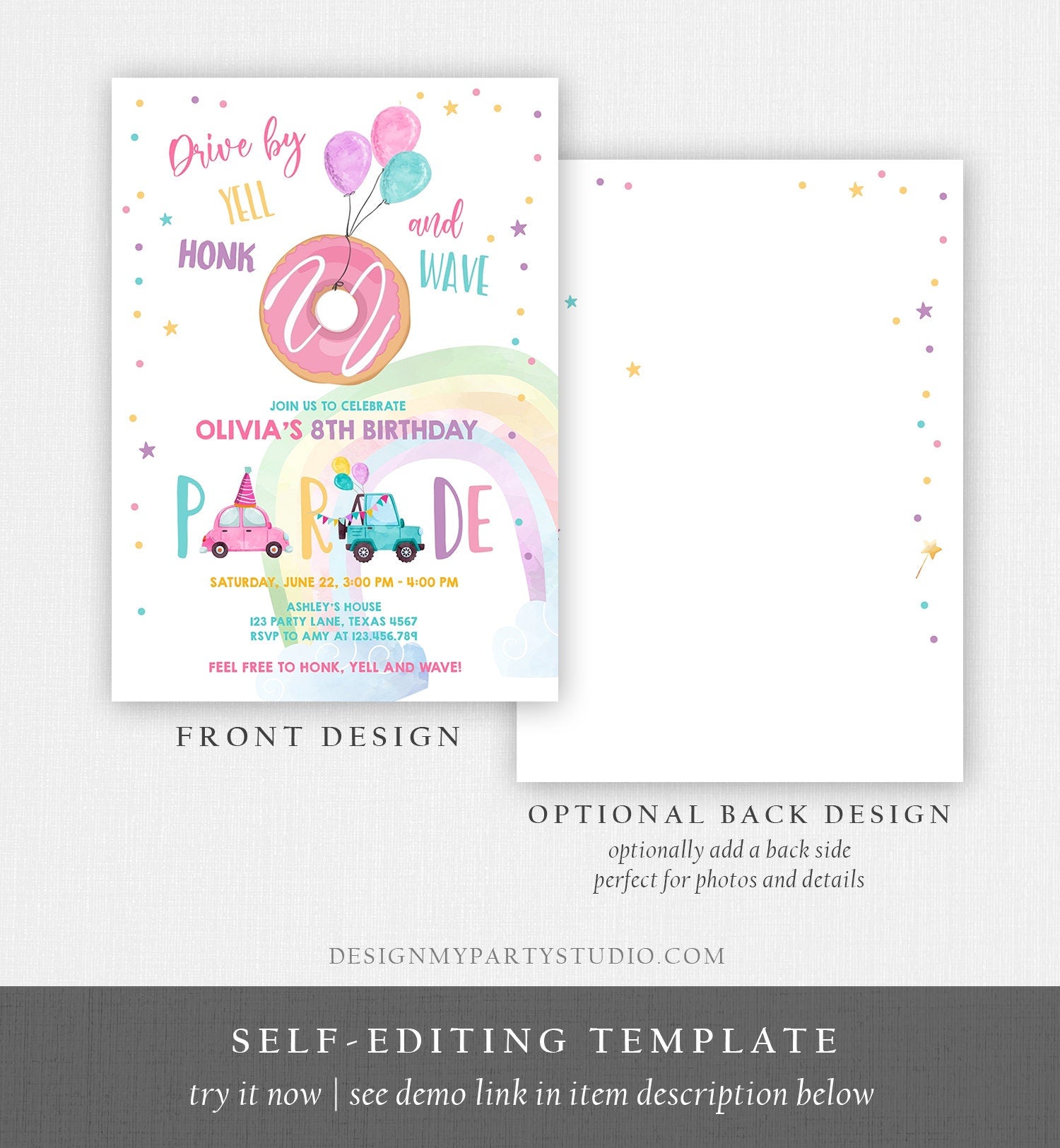 Editable Drive By Donut Birthday Parade Invitation Balloons Rainbow Party Honk Wave Car Girl Pink Drive Through Download Corjl Template 0343