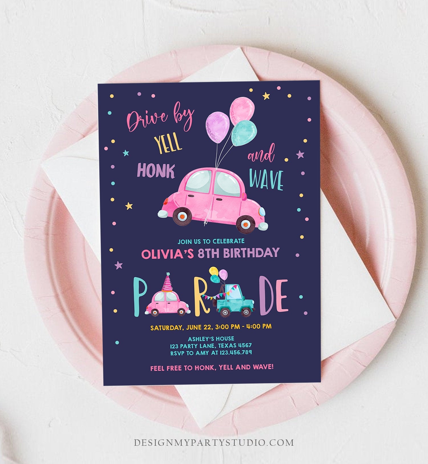 Editable Drive By Birthday Parade Invitation Balloons Rainbow Party Honk Wave Car Girl Pink Drive Through Download Corjl Template 0333