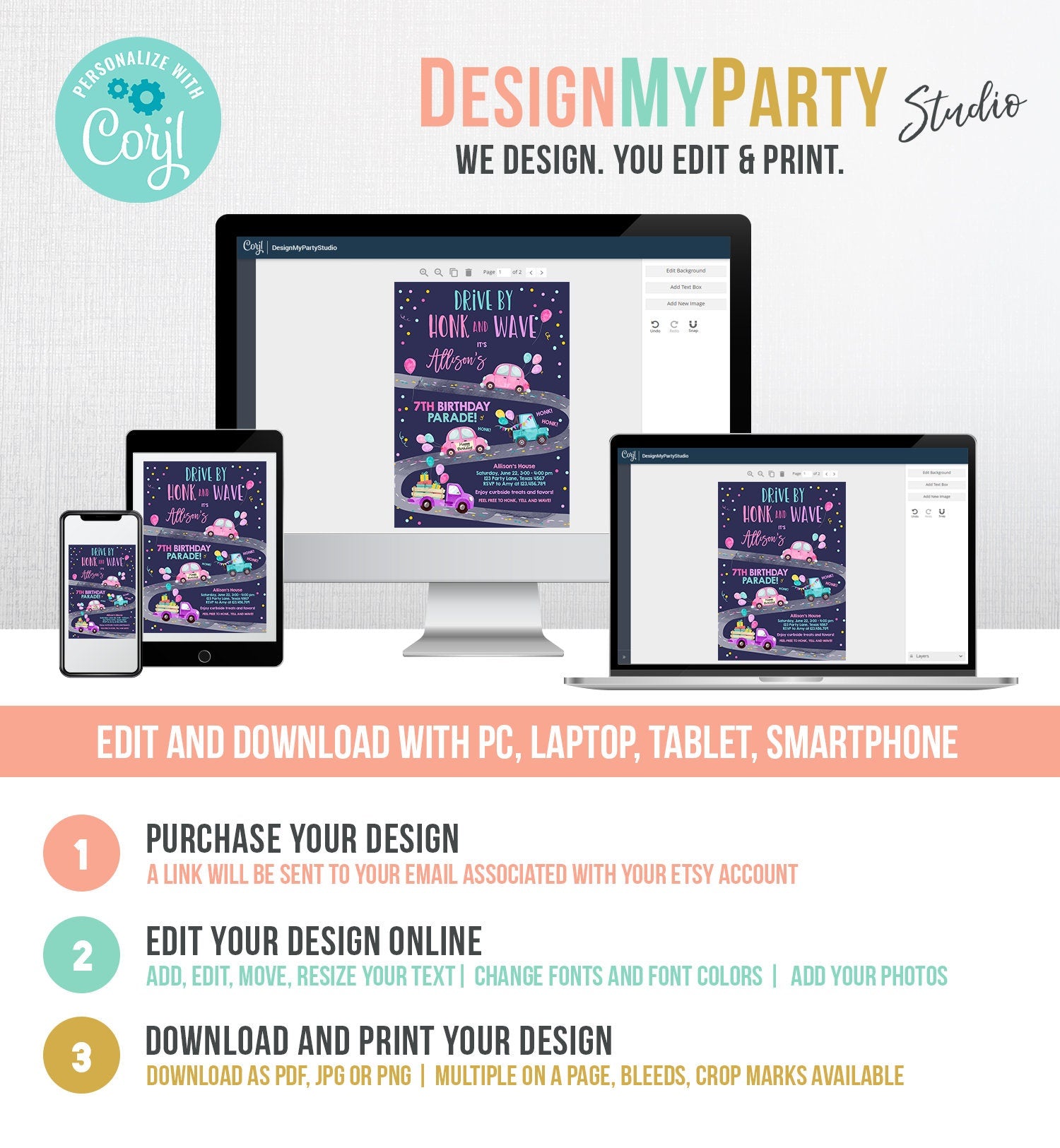 Editable Drive By Birthday Parade Invitation Virtual Party Invite Honk Wave Car Girl Pink Quarantine Instant Download Digital Corjl 0333