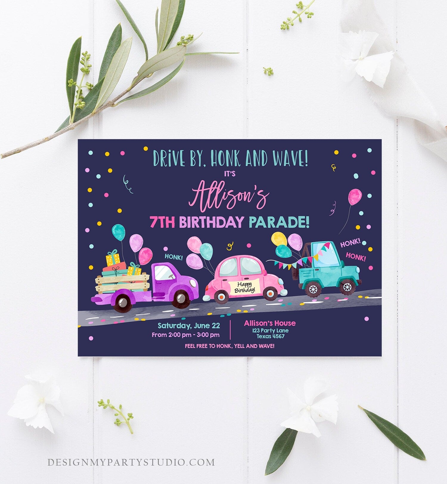 Editable Drive By Birthday Parade Invitation Virtual Party Invite Honk Wave Car Girl Pink Quarantine Instant Download Digital Corjl 0333
