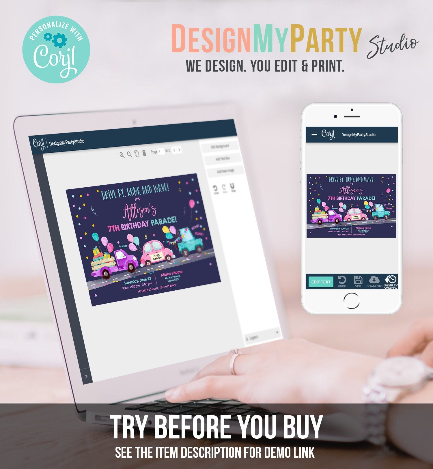 Editable Drive By Birthday Parade Invitation Virtual Party Invite Honk Wave Car Girl Pink Quarantine Instant Download Digital Corjl 0333