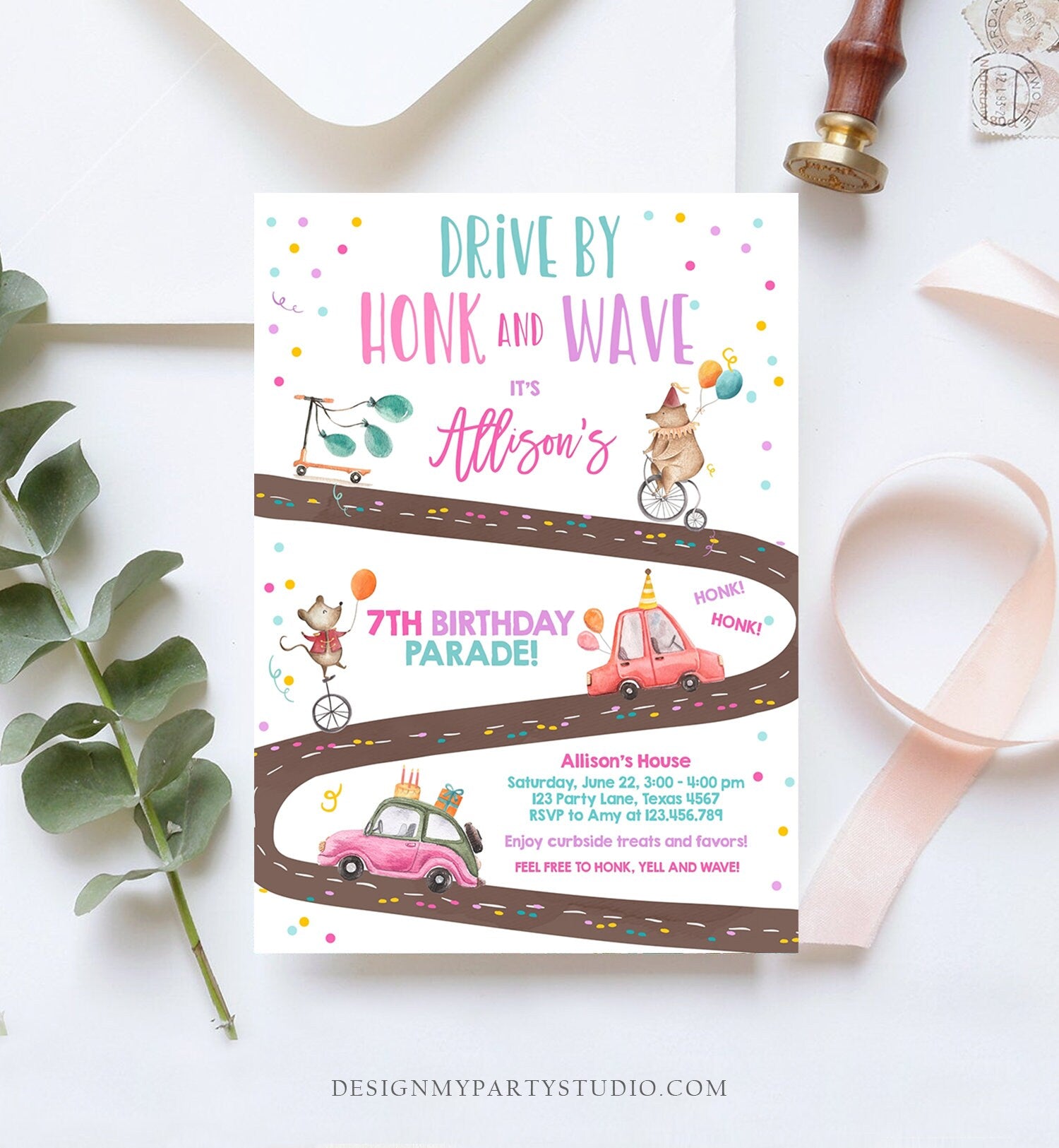 Editable Drive By Birthday Parade Invitation Circus Virtual Party Invite Honk Wave Girl Pink Quarantine Instant Download Digital Corjl 0344