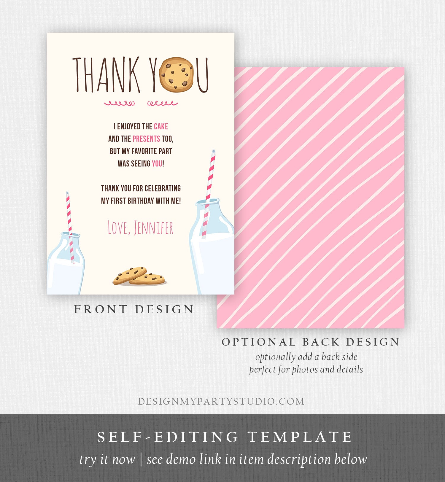Editable Milk and Cookies Thank You Card Birthday Party Girl Pink First Birthday 1st Sweet One Invite Corjl Template Printable 0088