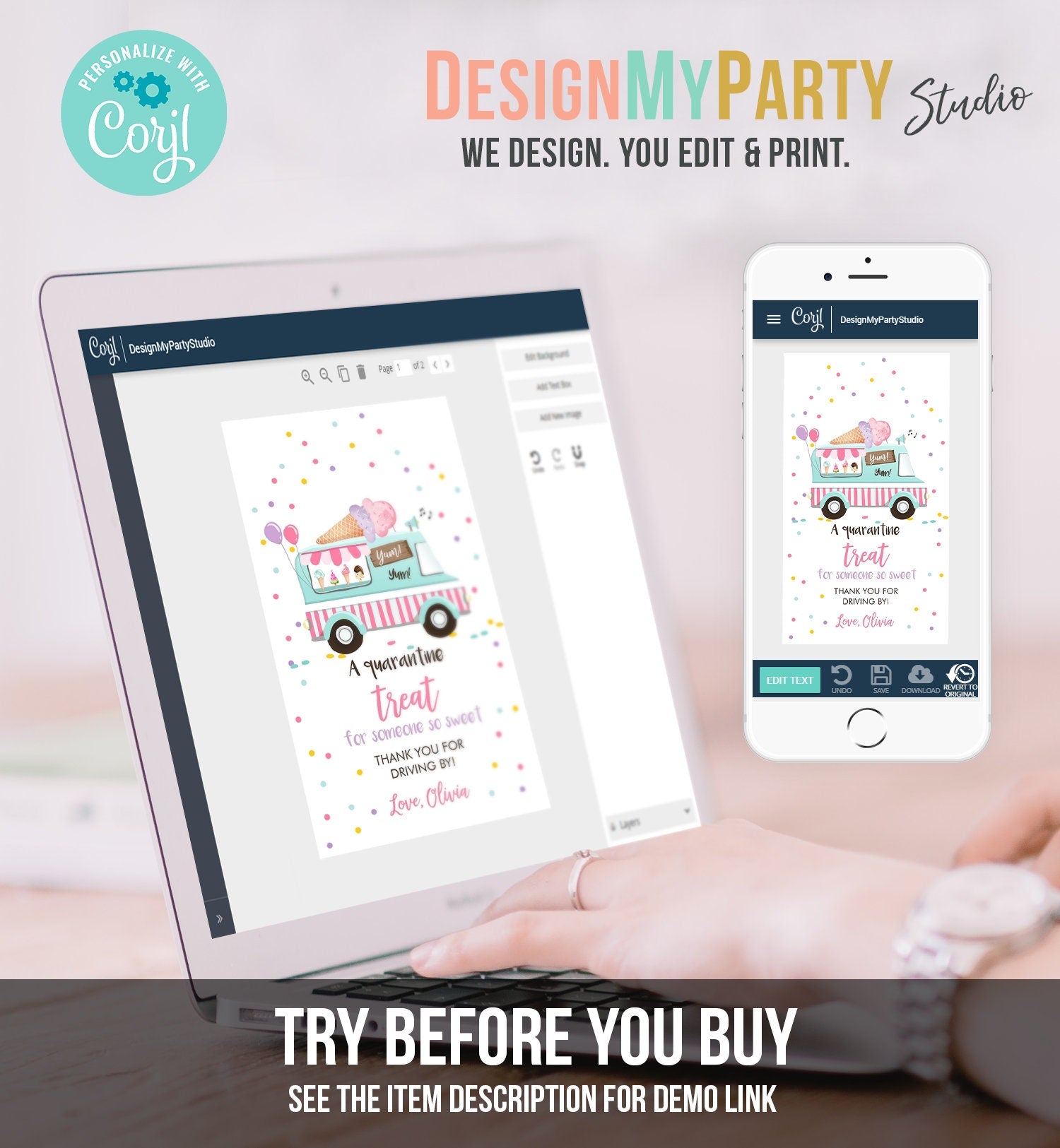 Editable Drive By Favor Tag Drive Through Ice Cream Truck Birthday Thank You Gift Tags Quarantine Ice Cream Parade Pink Girl Corjl 0243