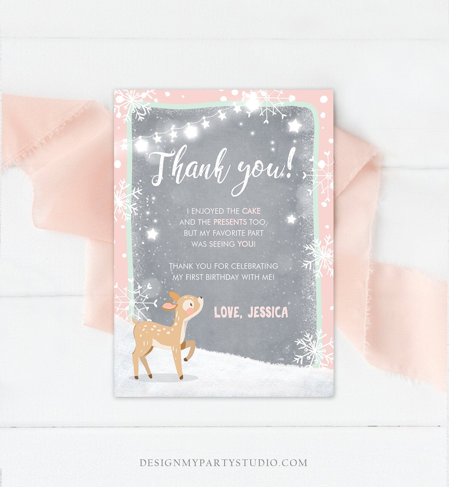 Editable Winter ONEderland Thank You Card Birthday First Birthday Snow Snowflake Girl Pink Mint Grey Deer Printable Template Corjl 0109