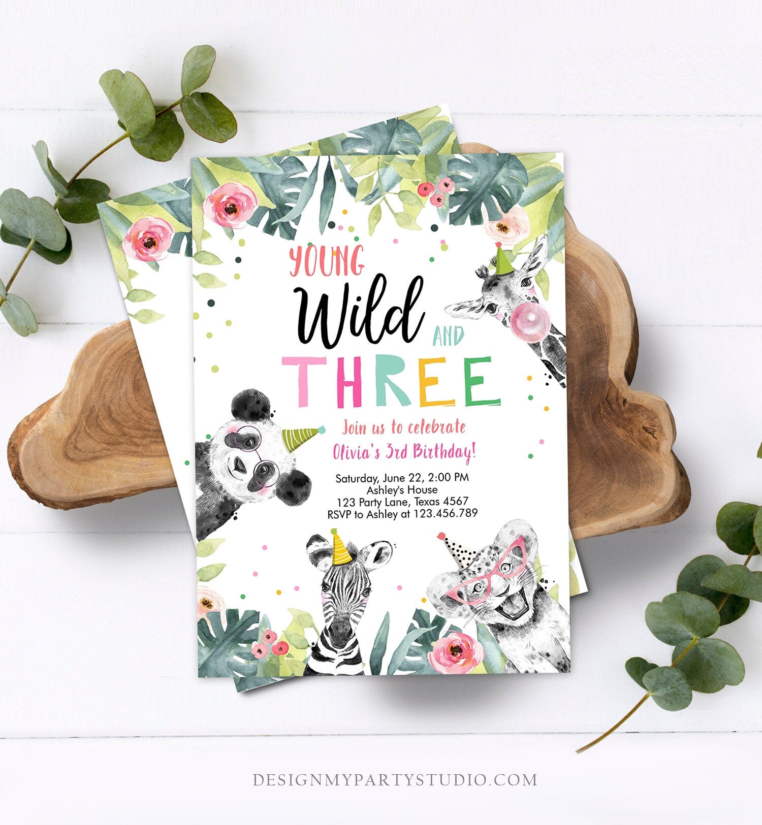 Editable Young Wild and Three Invitation Girl Pink and Gold Safari Animals Zoo Panda Instant Download Printable Template Digital Corjl 0322