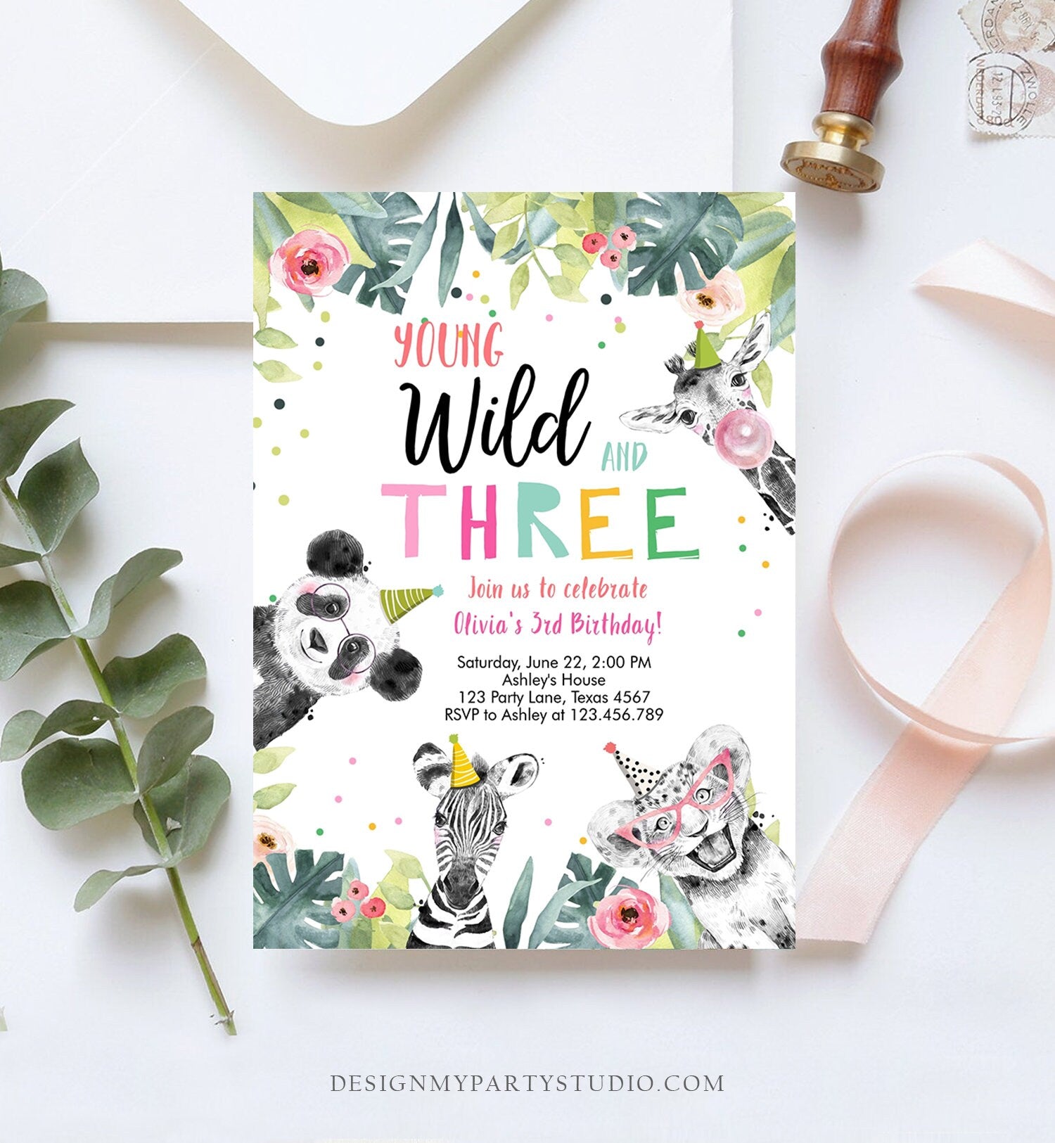 Editable Young Wild and Three Invitation Girl Pink and Gold Safari Animals Zoo Panda Instant Download Printable Template Digital Corjl 0322