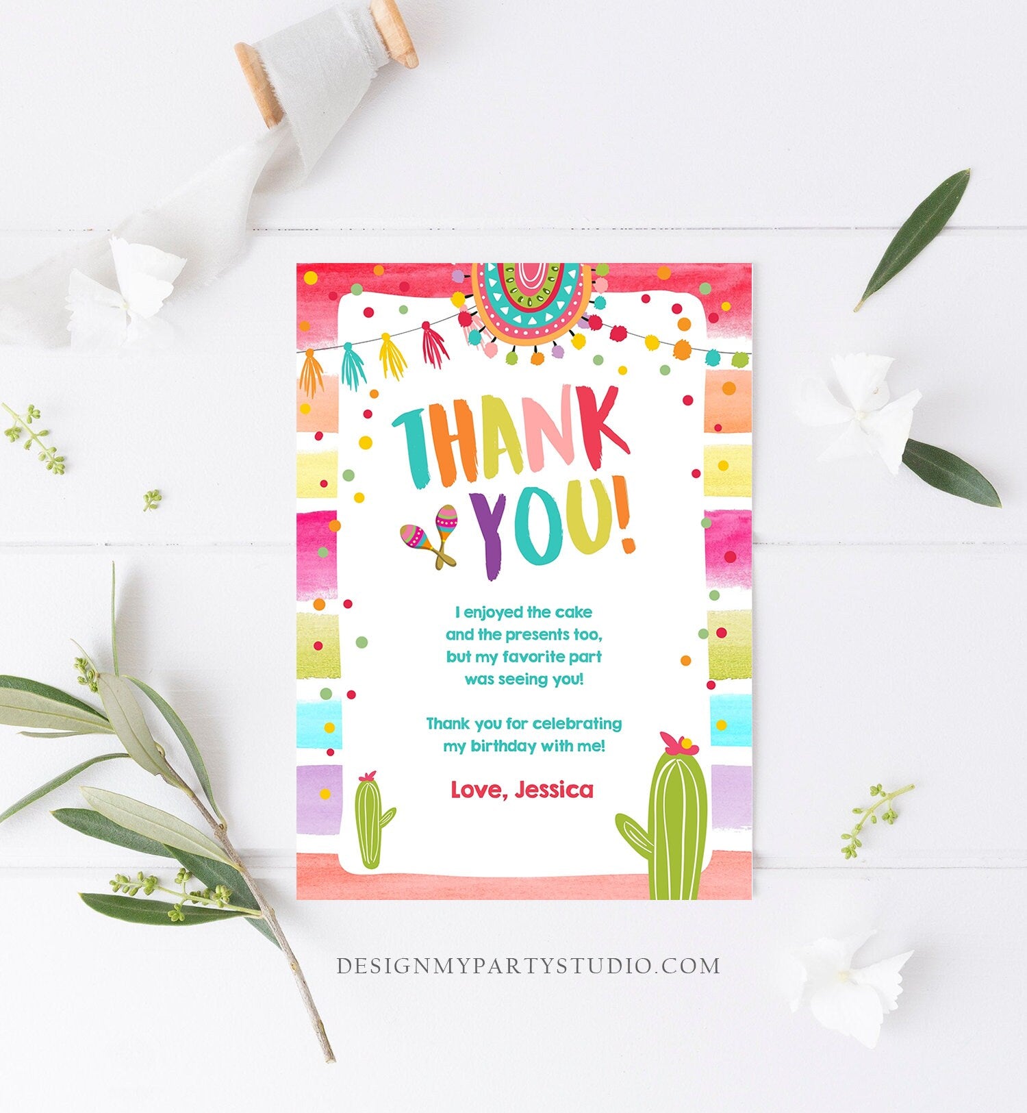 Editable Let's Fiesta Thank You Card Cactus Succulent First Birthday Party Girl 1st Mexican Uno Download Corjl Template Printable 0134