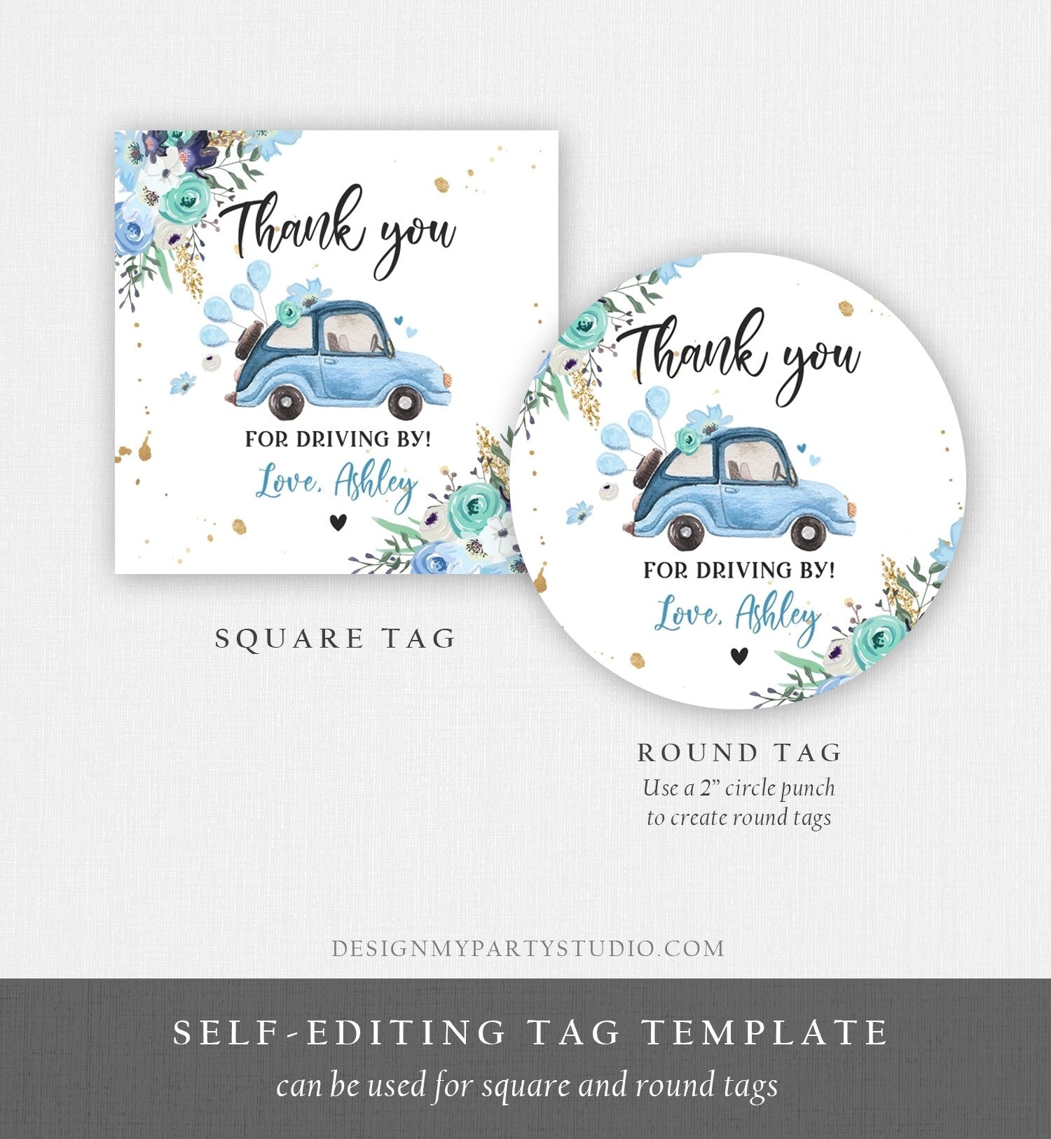 Editable Drive By Favor Tag Thank You Driving By Baby Shower Birthday Parade Gift Tags Quarantine Blue Floral Car Girl Corjl Template 0335