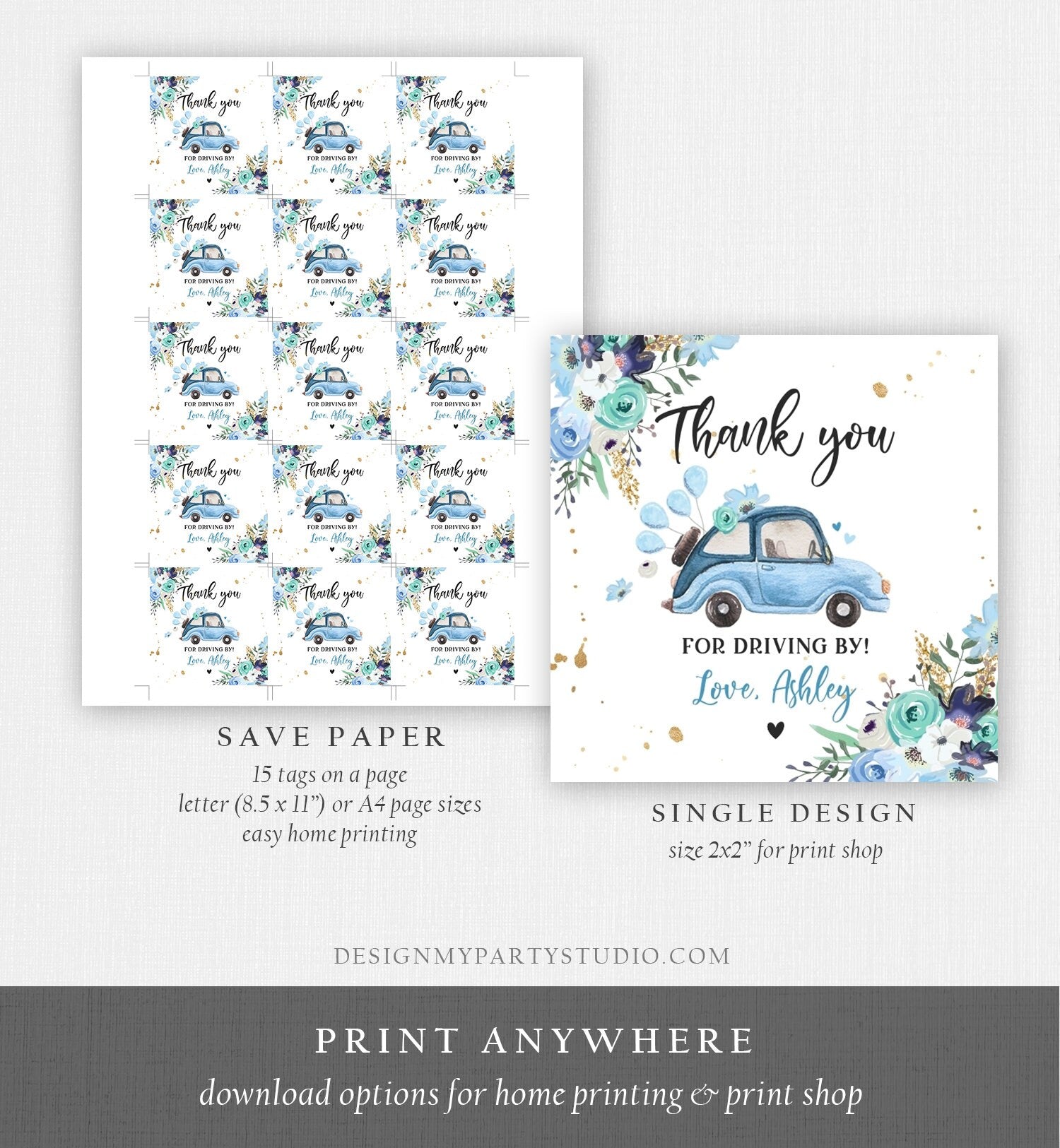 Editable Drive By Favor Tag Thank You Driving By Baby Shower Birthday Parade Gift Tags Quarantine Blue Floral Car Girl Corjl Template 0335