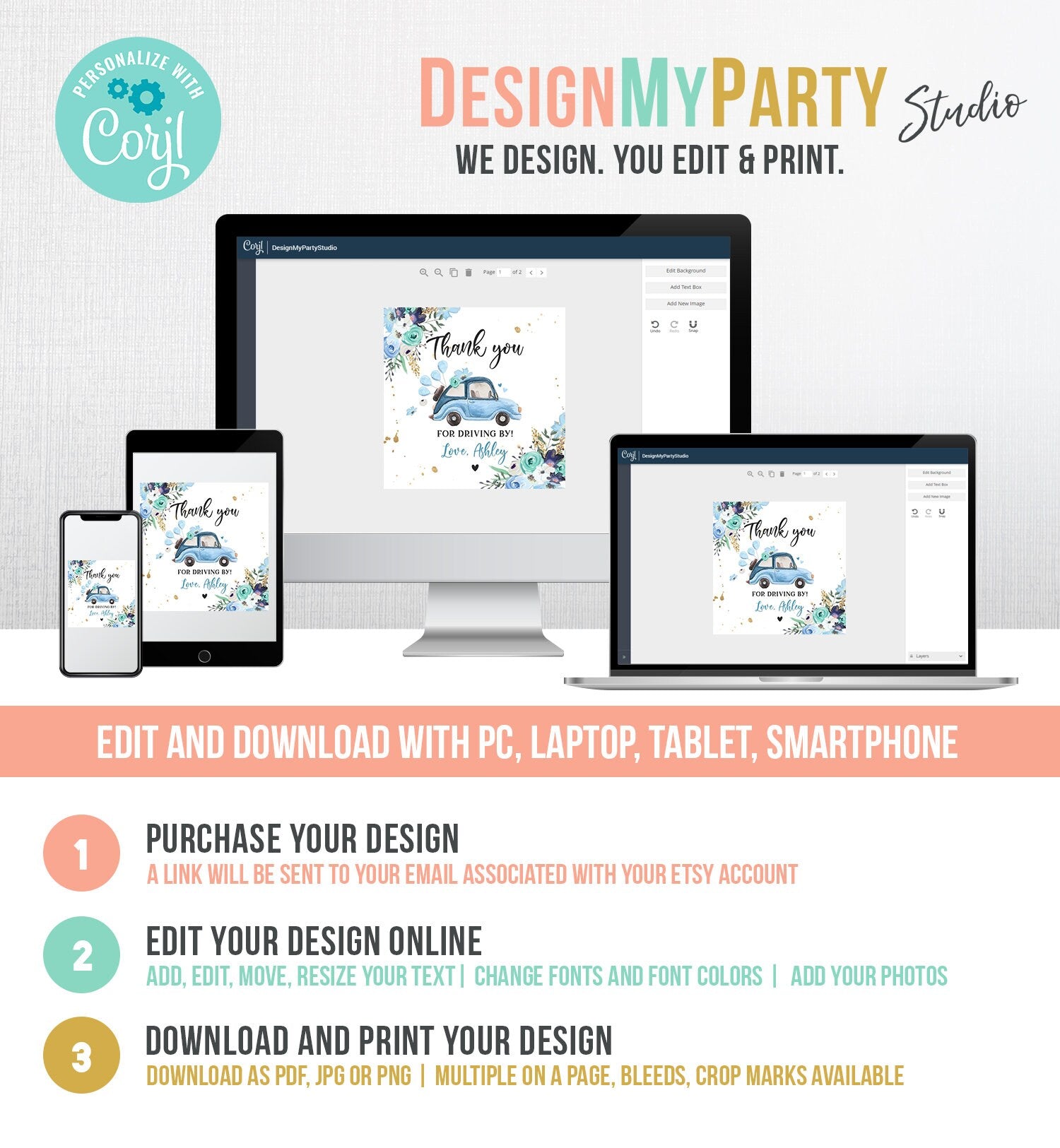 Editable Drive By Favor Tag Thank You Driving By Baby Shower Birthday Parade Gift Tags Quarantine Blue Floral Car Girl Corjl Template 0335