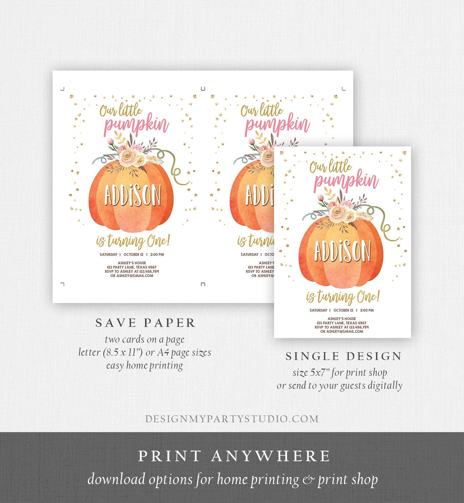 Editable Our Little Pumpkin Birthday Invitation Girl Pink Fall Autumn 1st Birthday Gold Confetti Download Corjl Template Printable 0194