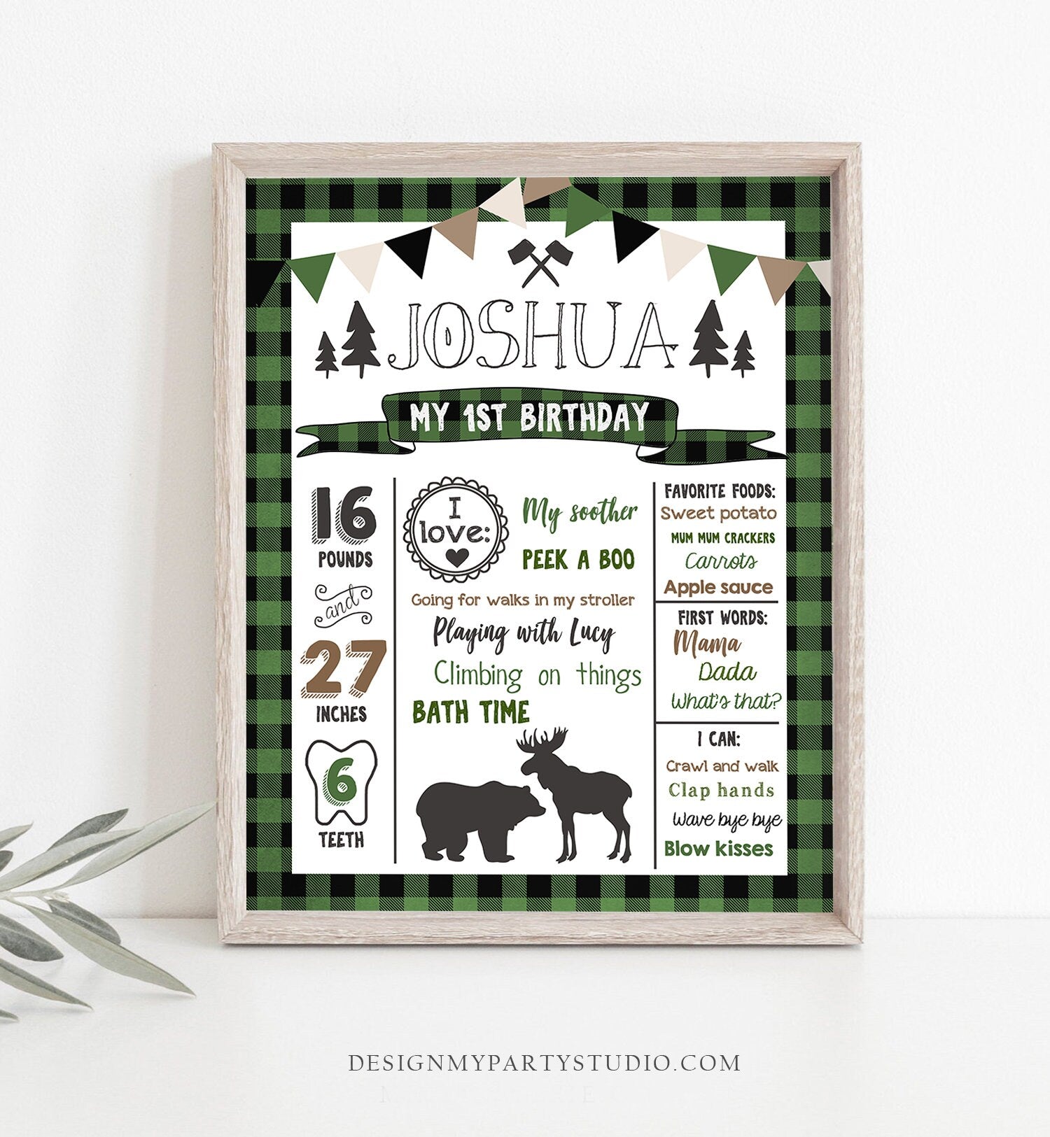 Editable Lumberjack Birthday Milestones Sign Poster Boy First Birthday 1st Green Black Plaid Hunter Green Woodland Bear Corjl Template 0377