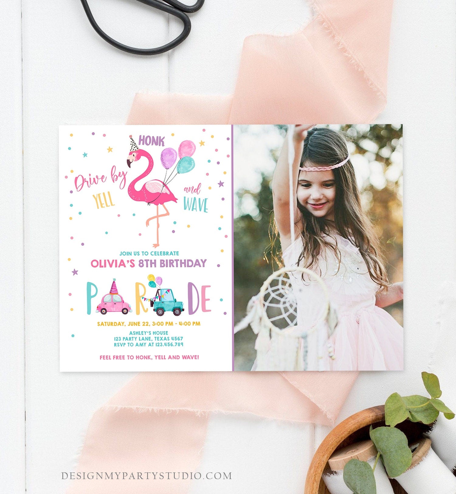 Editable Flamingo Drive By Birthday Parade Invitation Virtual Party Invite Honk Wave Car Girl Pink Quarantine Download Digital Corjl 0200
